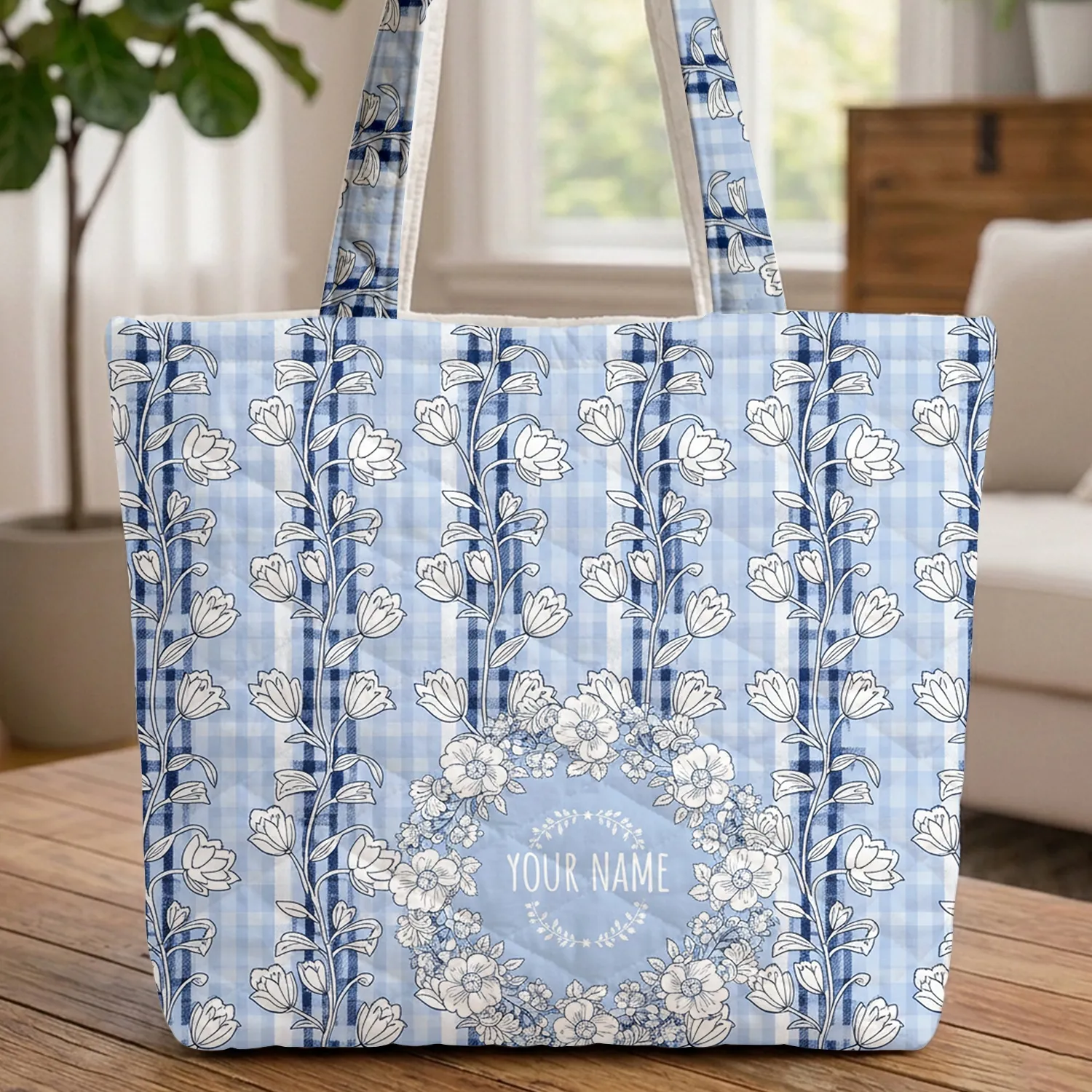 Bell Flowers Gingham Botanical Medallion Floral Wreath Leaves - Boho Lifestyle Quilted Tote Bag - 1