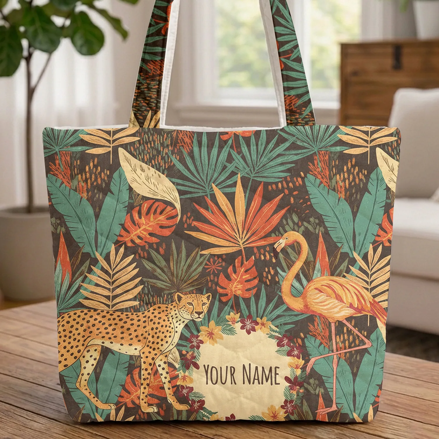 Cheetah Wading Bird Tropical Foliage Garland - Wildlife Lover Gift Quilted Tote Bag - 1