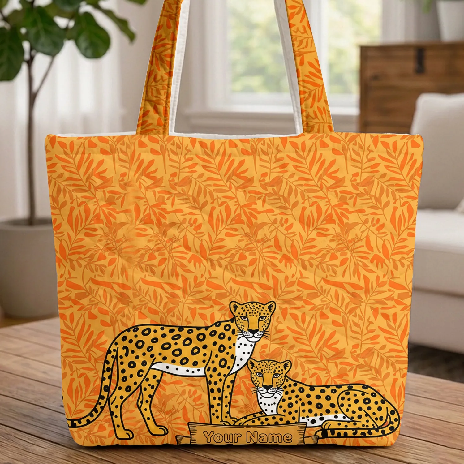 Jungle Leaves Leopards Custom Name Scroll - Wildlife Lover Everyday Carry Gift Quilted Tote Bag - 1