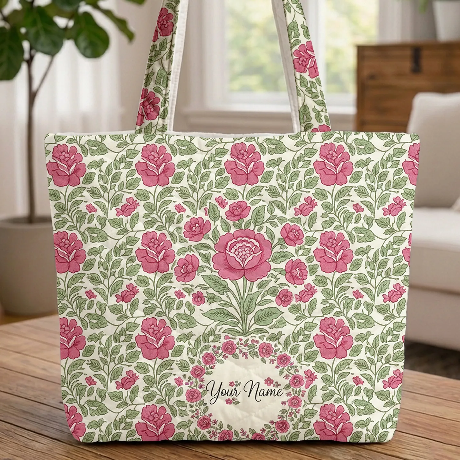 Pink Rose Green Leaf Vine Personalized Floral Wreath - Everyday Carry Gift Quilted Tote Bag - 1
