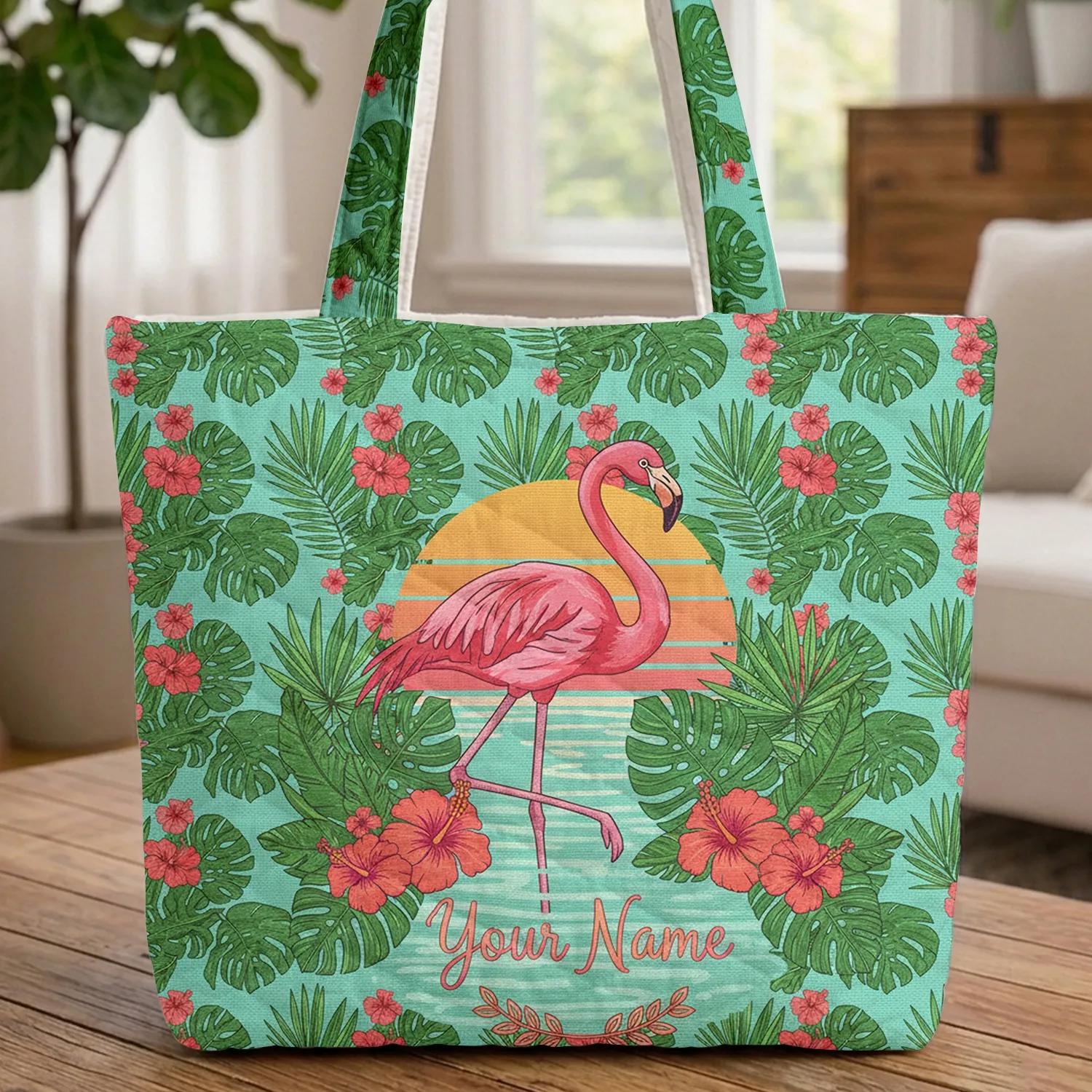 Pink Flamingo Tropical Leaves Hibiscus - Wildlife Lover Vacation Style Gift Quilted Tote Bag - 1