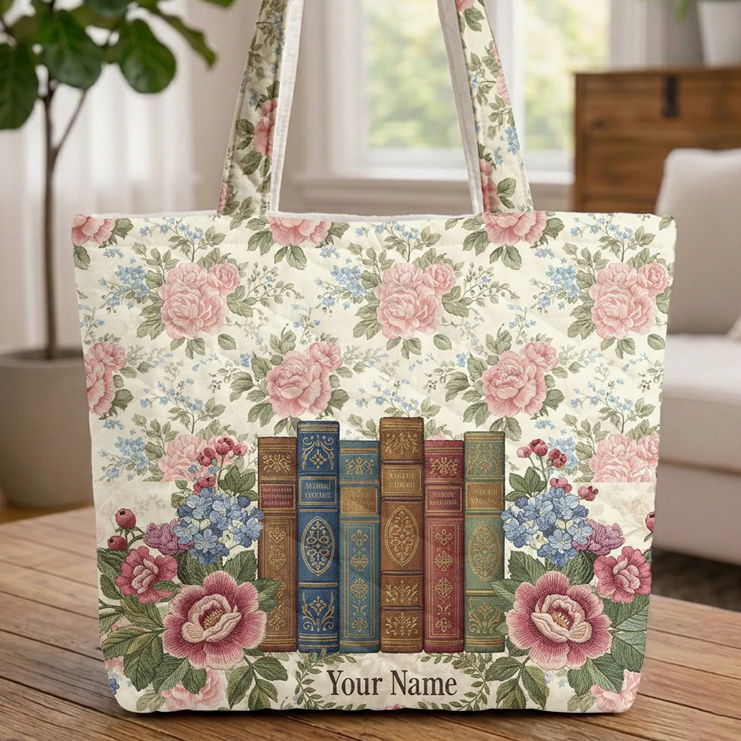 Vintage Books Botanical Roses - Book Lover Home Decor Gift Quilted Tote Bag - 1