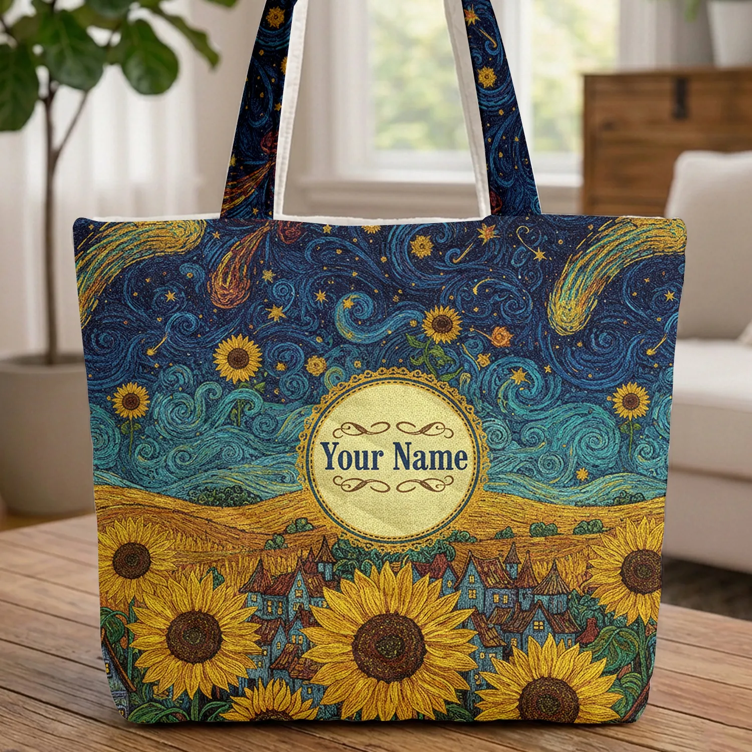 Ornate Sunflowers Village Structures Swirling Celestial Textured Fields Brushstrokes Home Decor Quilted Tote Bag - 1