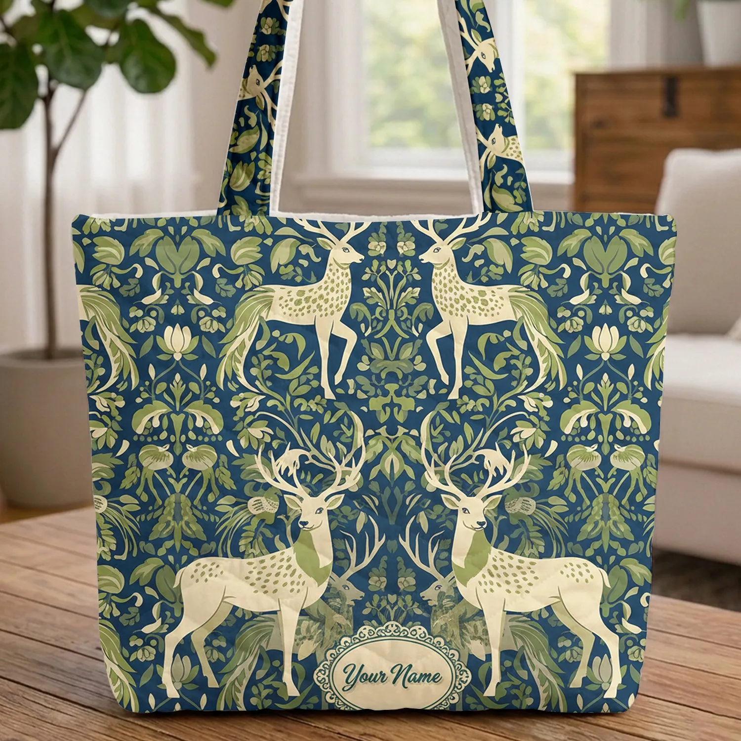Stags Jungle Foliage Exotic Birds Name Personalized Wildlife Gift Quilted Tote Bag - 1