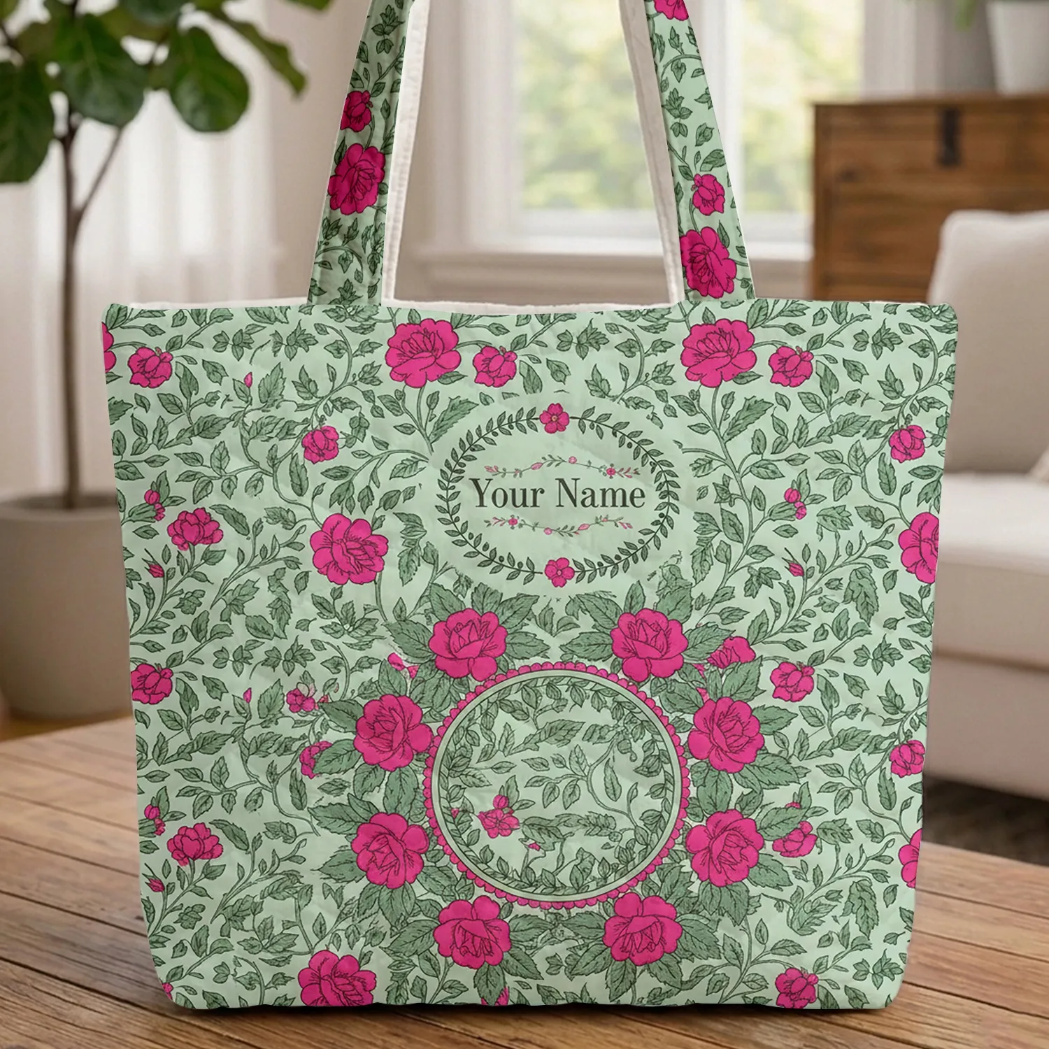 Pink Rose Green Leaf Botanical Medallion Floral Wreath Everyday Carry Gift Quilted Tote Bag - 1