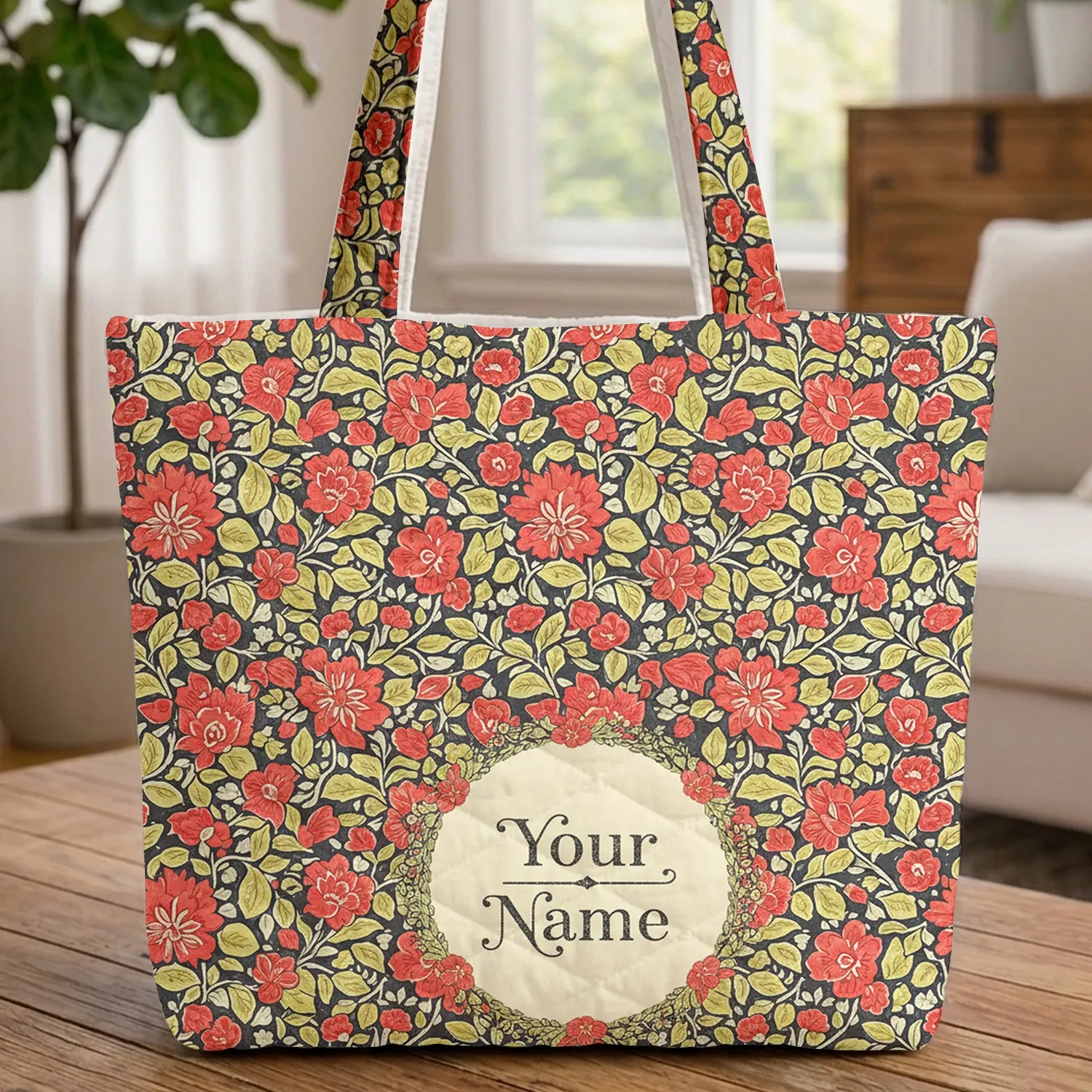 Coral Red Floral Wreath - Personalized Everyday Carry for Her Quilted Tote Bag - 1