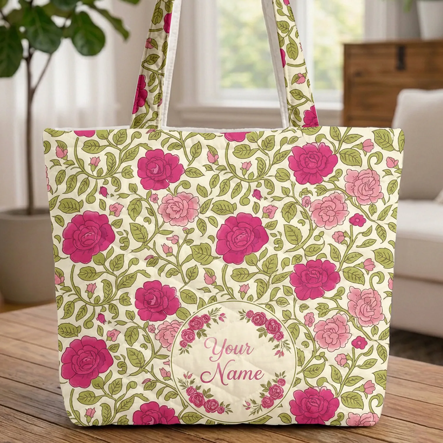 Personalized Fuchsia Rose Floral Wreath Leaves - Botanical Lover Everyday Tote Quilted Tote Bag - 1