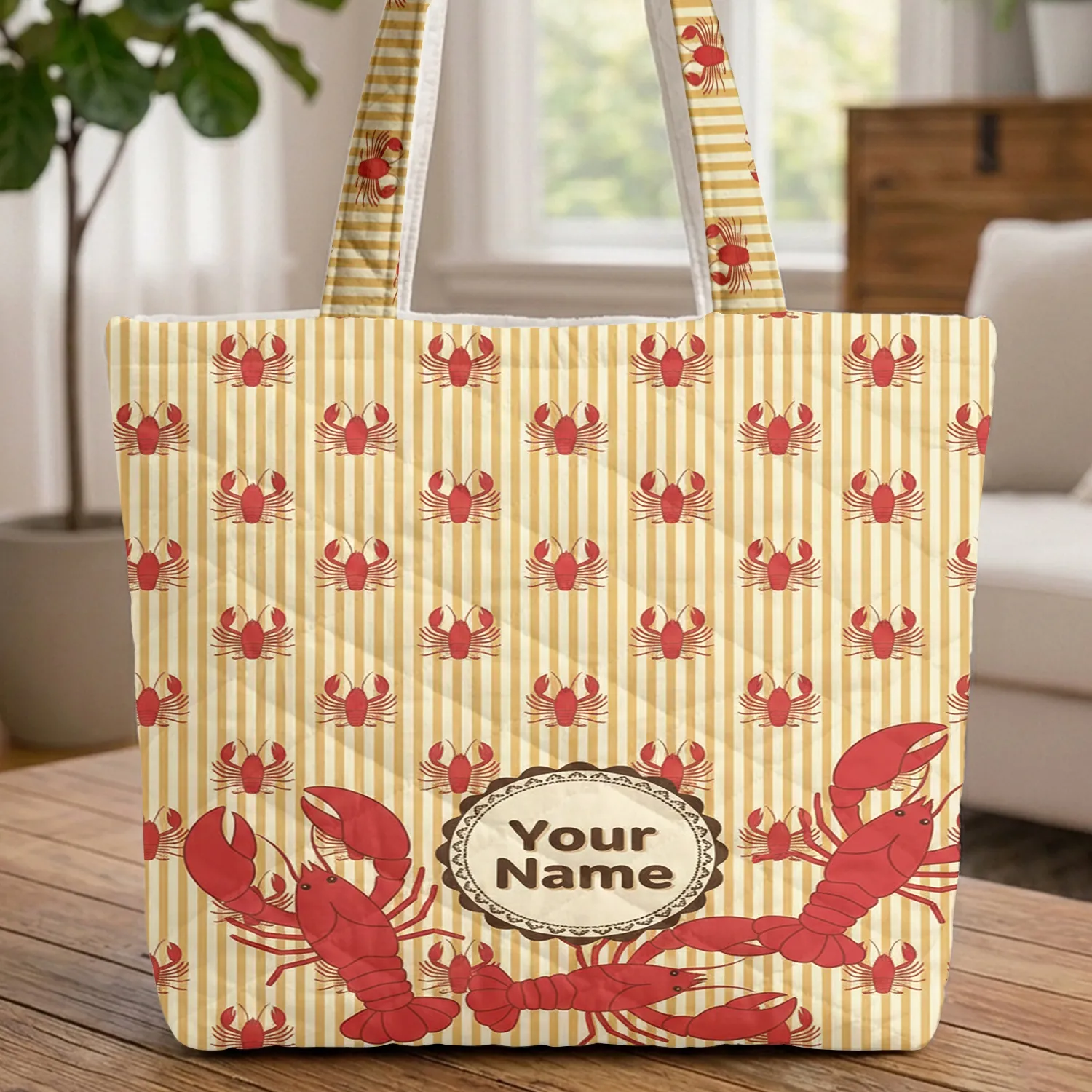 Three Red Lobsters Golden Yellow Vertical Stripes - Lobster Lover Gift Quilted Tote Bag - 1