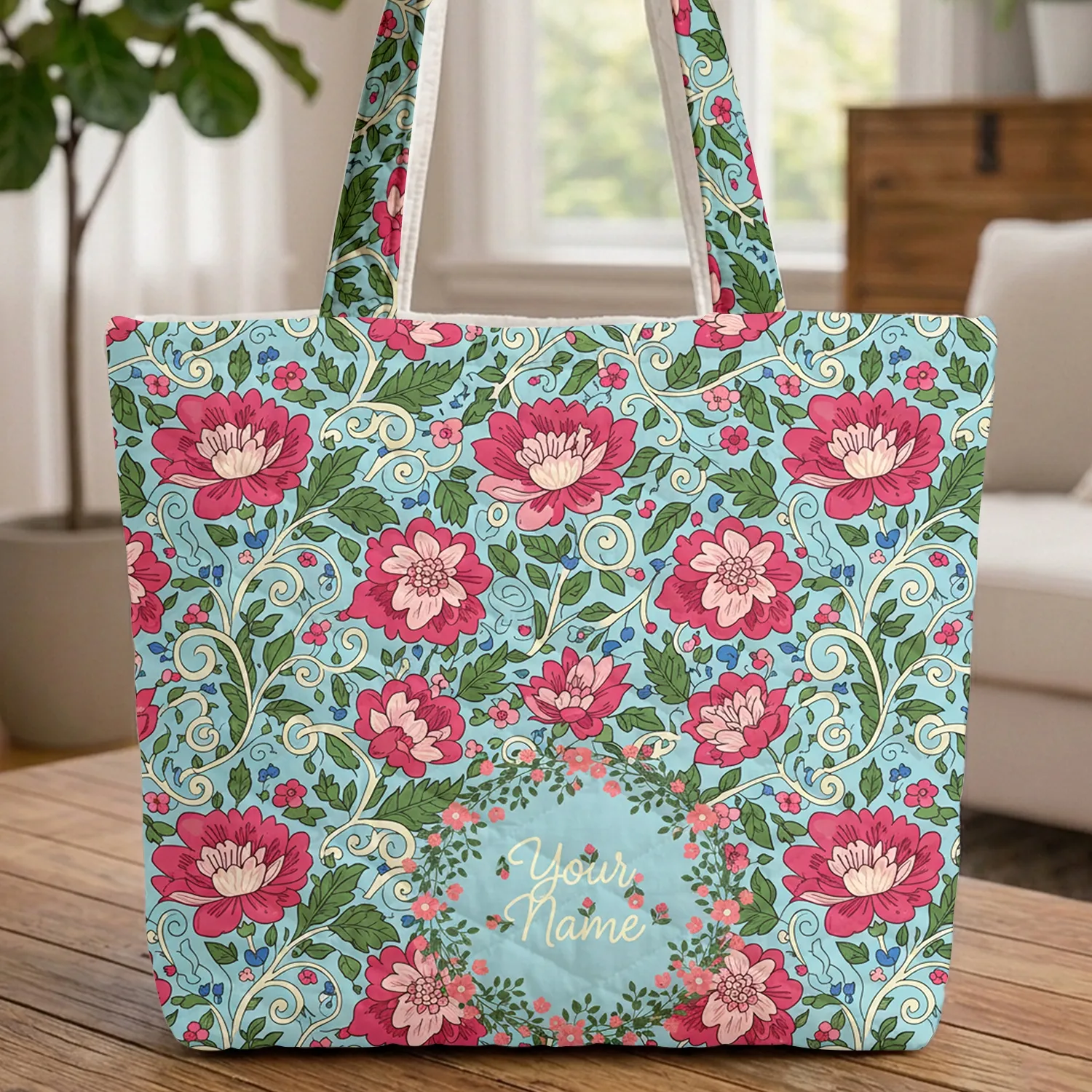 Pink Red Flowers Green Leaves Scrolling Vines Your Name Nature Wreath - Everyday Gift Quilted Tote Bag - 1