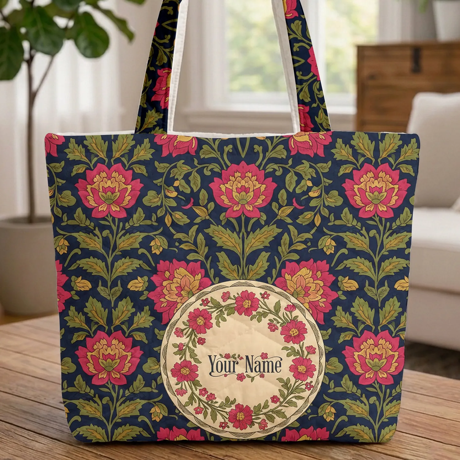Indian Floral Medallion Name Wreath - Everyday Carry for Her Quilted Tote Bag - 1