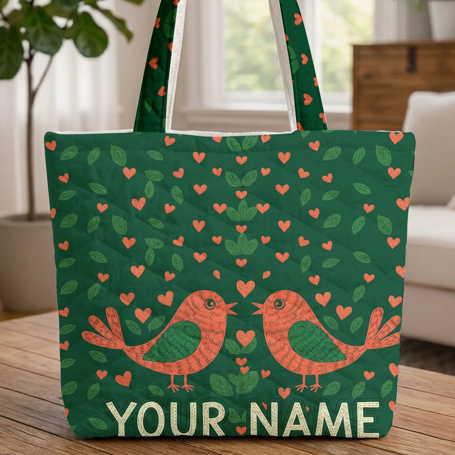 Folk Art Birds Coral Hearts Green Leaves - Home Decor Everyday Gift for Bird Lovers Quilted Tote Bag - 1