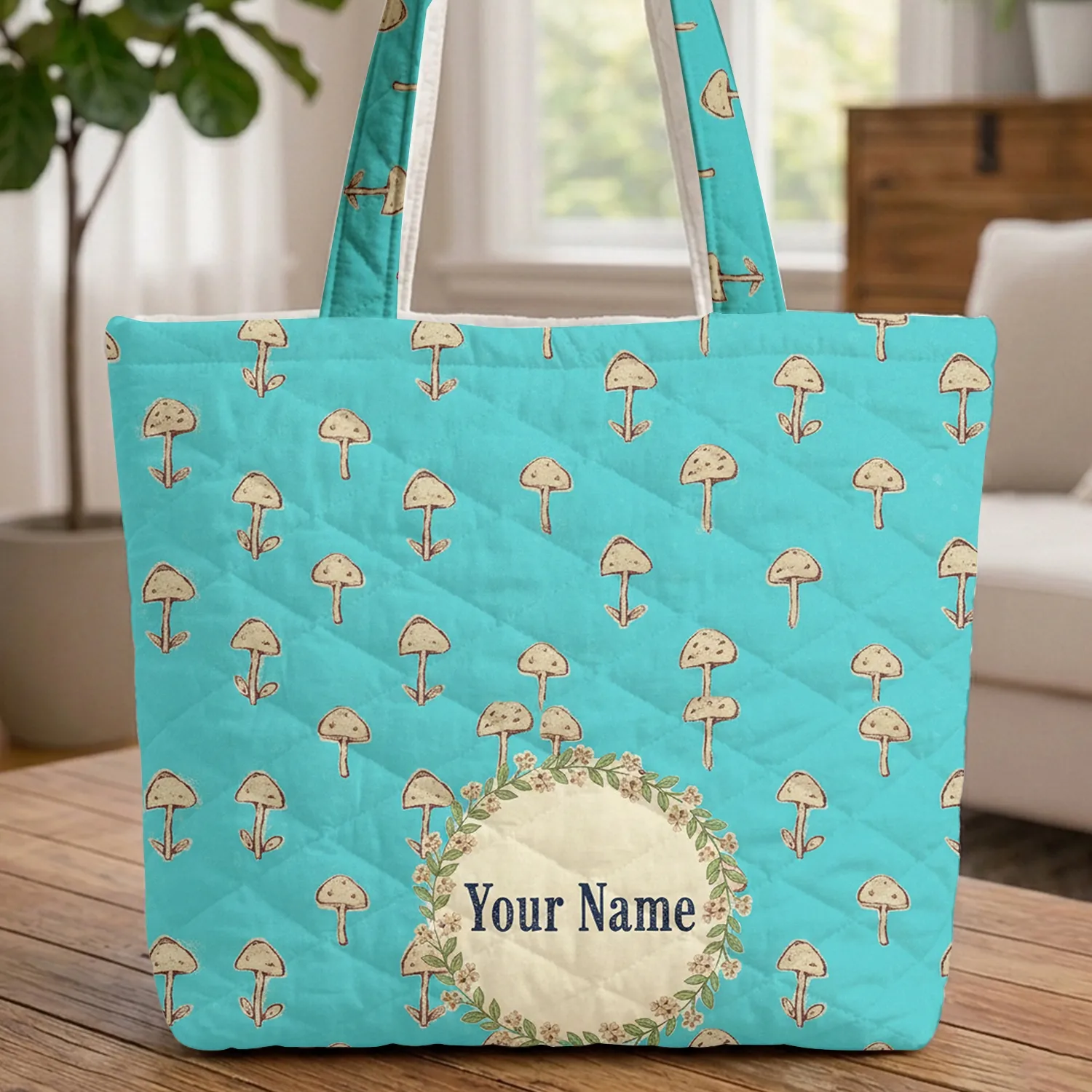 Mushroom Caps Small Trees Floral Wreath Green Leaves Tan Flowers - Everyday Lifestyle Gift Quilted Tote Bag - 1
