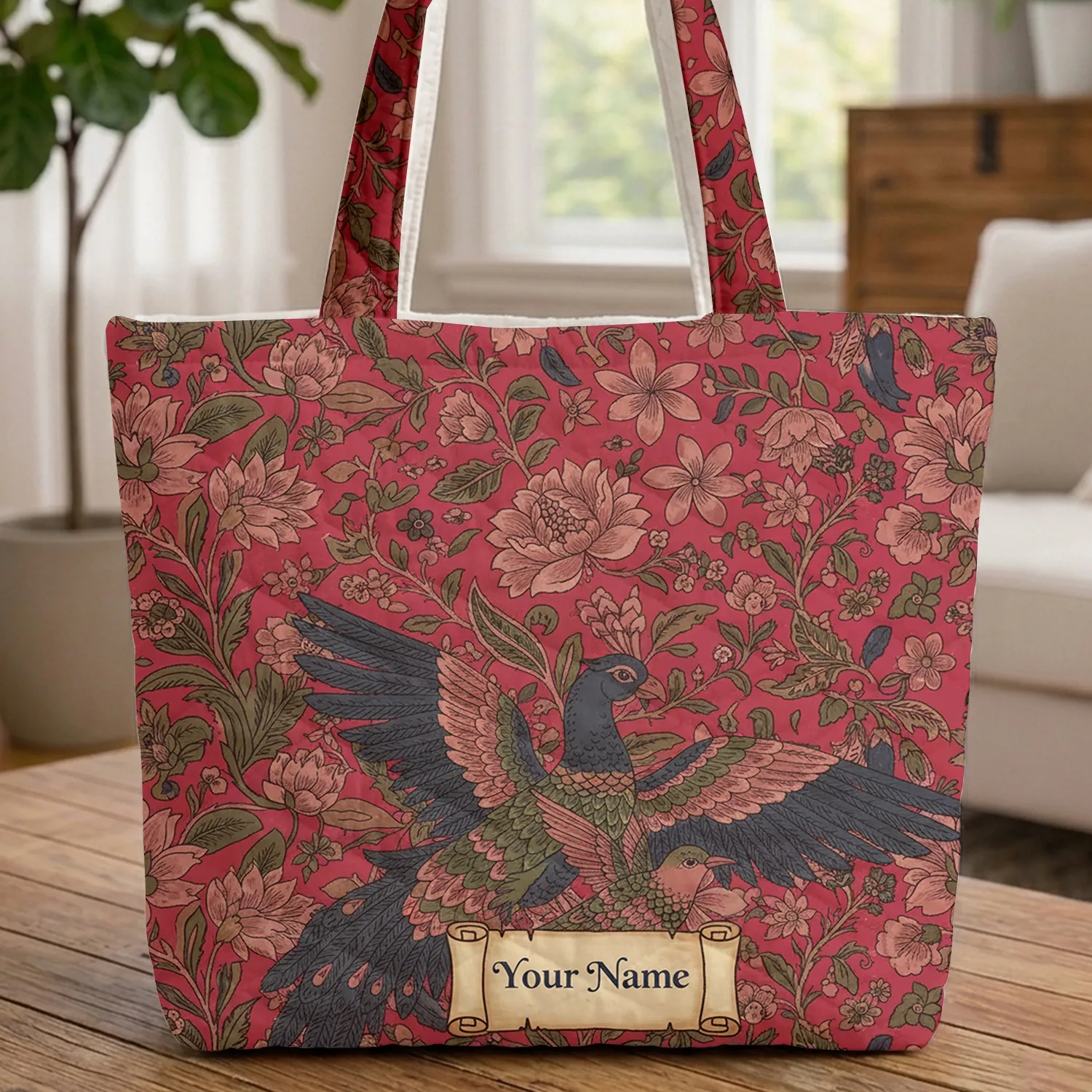 Birds Exotic Flowers Vines Berries Name Scroll - Everyday Tote Quilted Tote Bag - 1