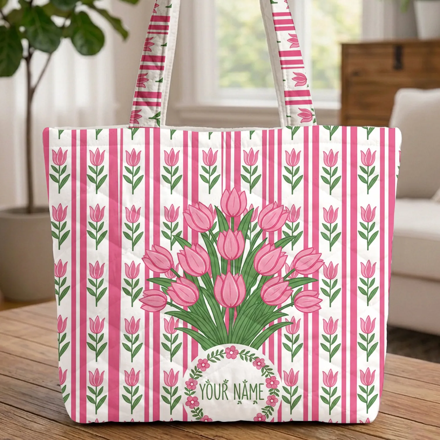Pink Tulips Floral Bouquet Wreath Candy Stripes - Spring Accessory Quilted Tote Bag - 1