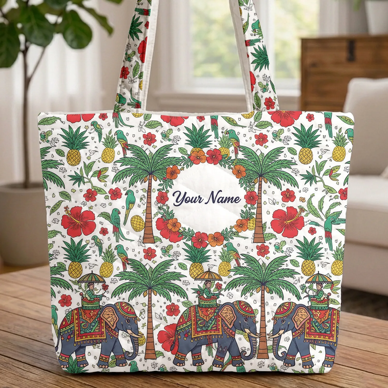 Ornate Elephant Riders Tropical Hibiscus Personalized Gift for Travelers Quilted Tote Bag - 1
