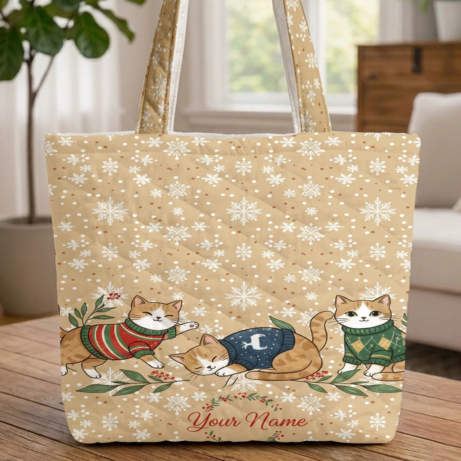 Three Cats Snowflakes Floral Wreath Christmas Holiday Gift for Cat Lover Quilted Tote Bag - 1