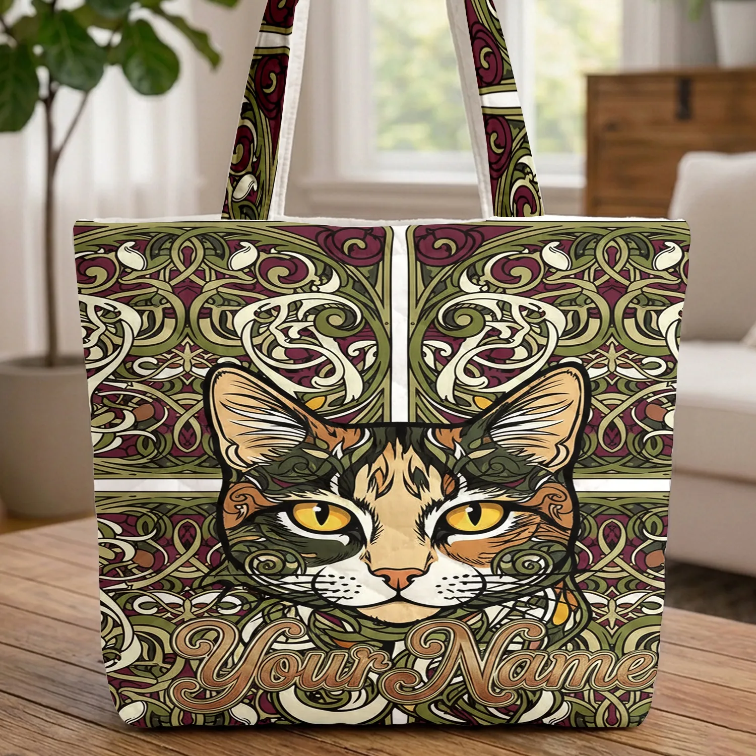 Calico Cat Yellow Eyes Ornate Swirls Deep Burgundy Olive Green - Everyday Cat Lover Gift Quilted Tote Bag - 1