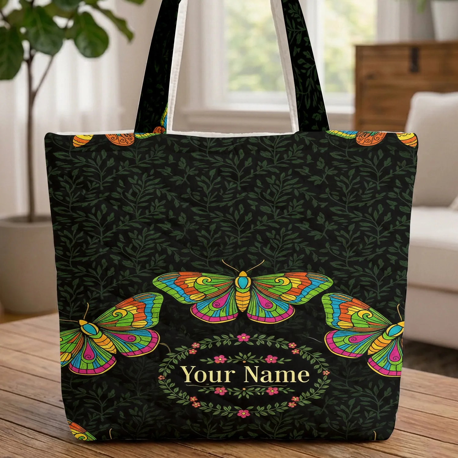 Personalized Name Leaf Garland Ornate Moths - Wildlife Lover Everyday Tote Quilted Tote Bag - 1