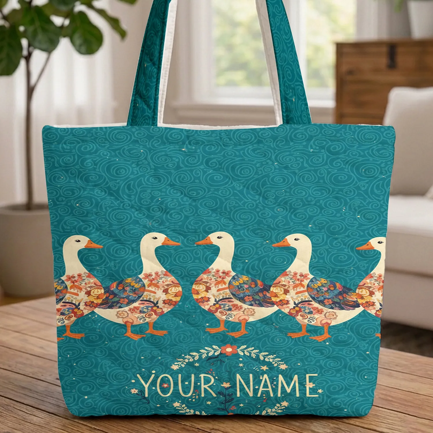 Patchwork Floral Paisley Geometric Geese with Name Floral Wreath - Folk Art Gift Quilted Tote Bag - 1