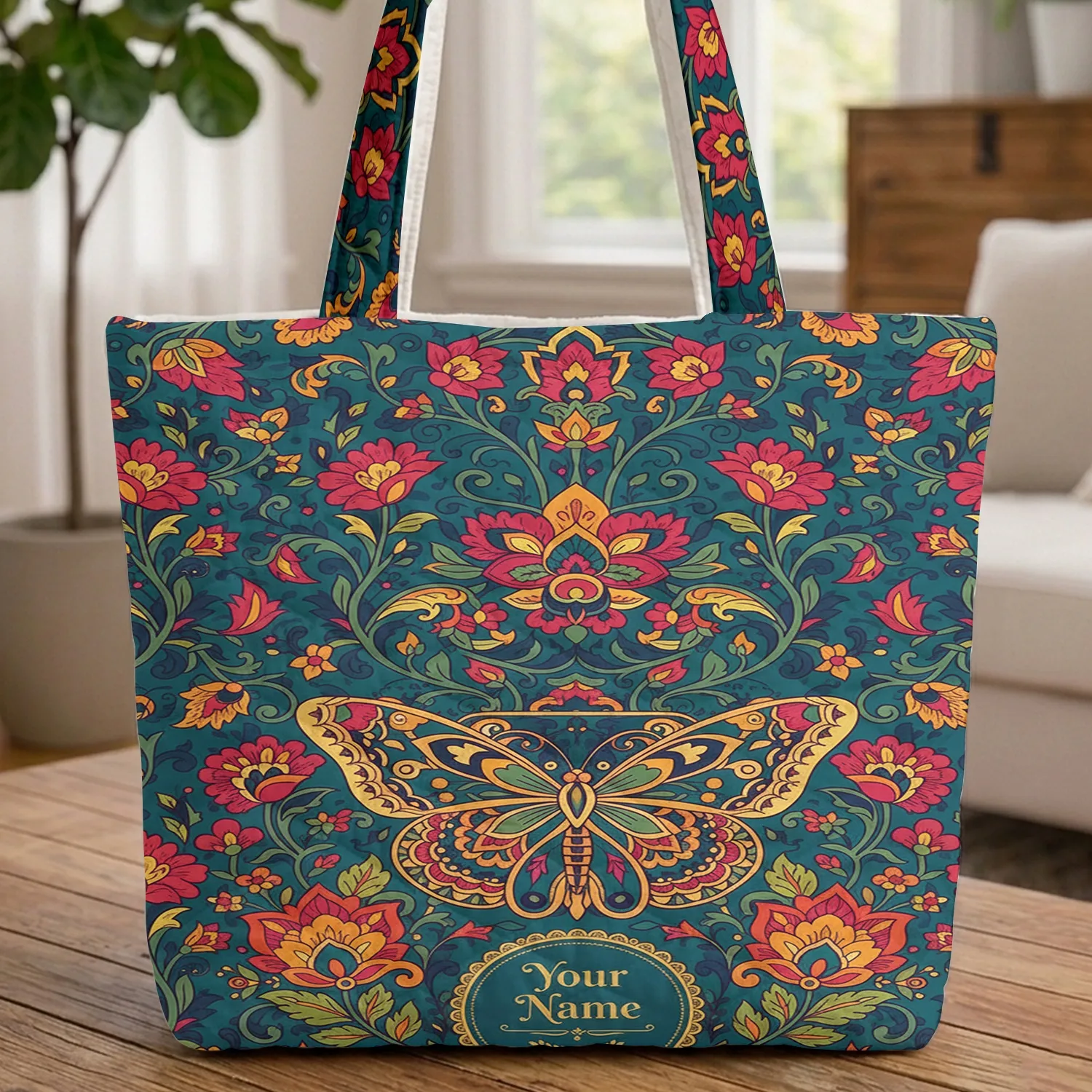 Personalized Ornate Butterfly Flowers Laurel Sprig - Home Decor Gift for Women Quilted Tote Bag - 1