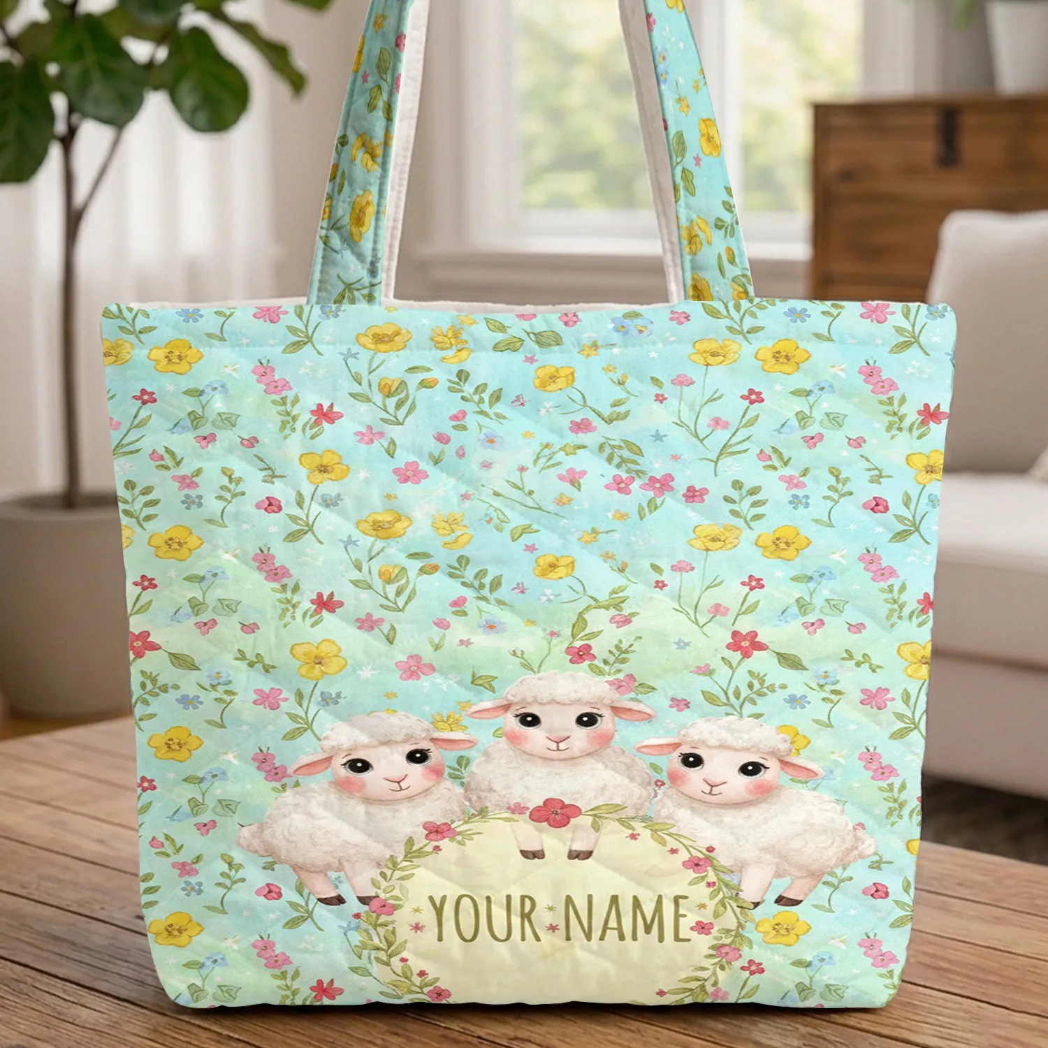 Fluffy Sheep Wildflower Meadow Personalized Floral Wreath Gift for Animal Lovers Quilted Tote Bag - 1
