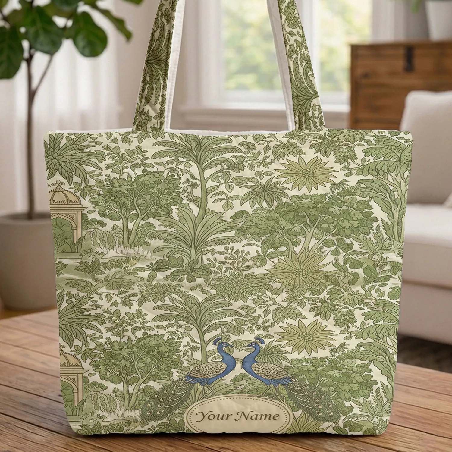 Lush Chinoiserie Peacocks Indian Garden Scene - Wildlife Lover Gift Quilted Tote Bag - 1