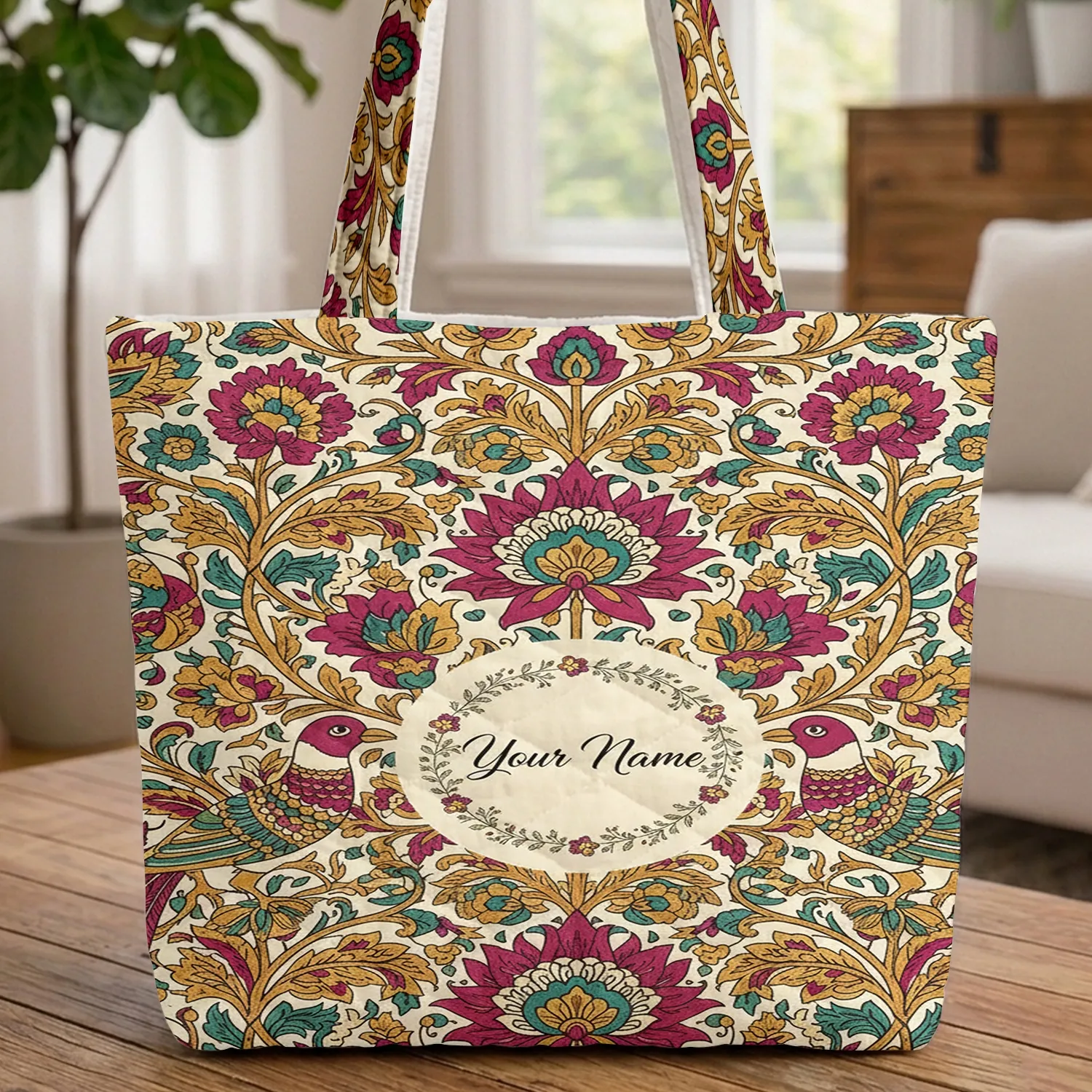 Exotic Birds Floral Blooms Paisley Wreath - Home Decor Gift for Nature Lover Quilted Tote Bag - 1