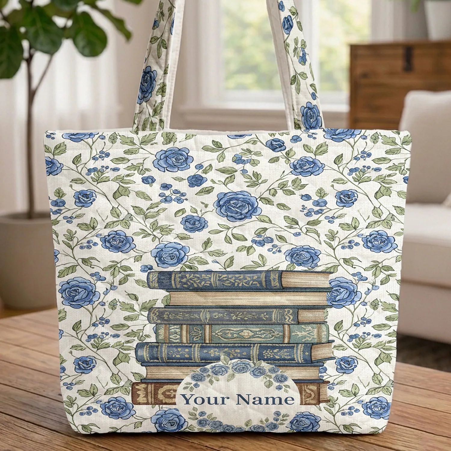 Ornate Vintage Books Blue Rose Floral Wreath - Gift for Readers Quilted Tote Bag - 1