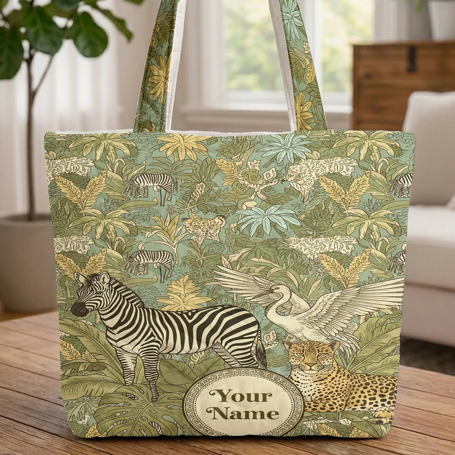 Personalized Zebra Leopard Crane Tropical Jungle - Wildlife Lover Gift Quilted Tote Bag - 1