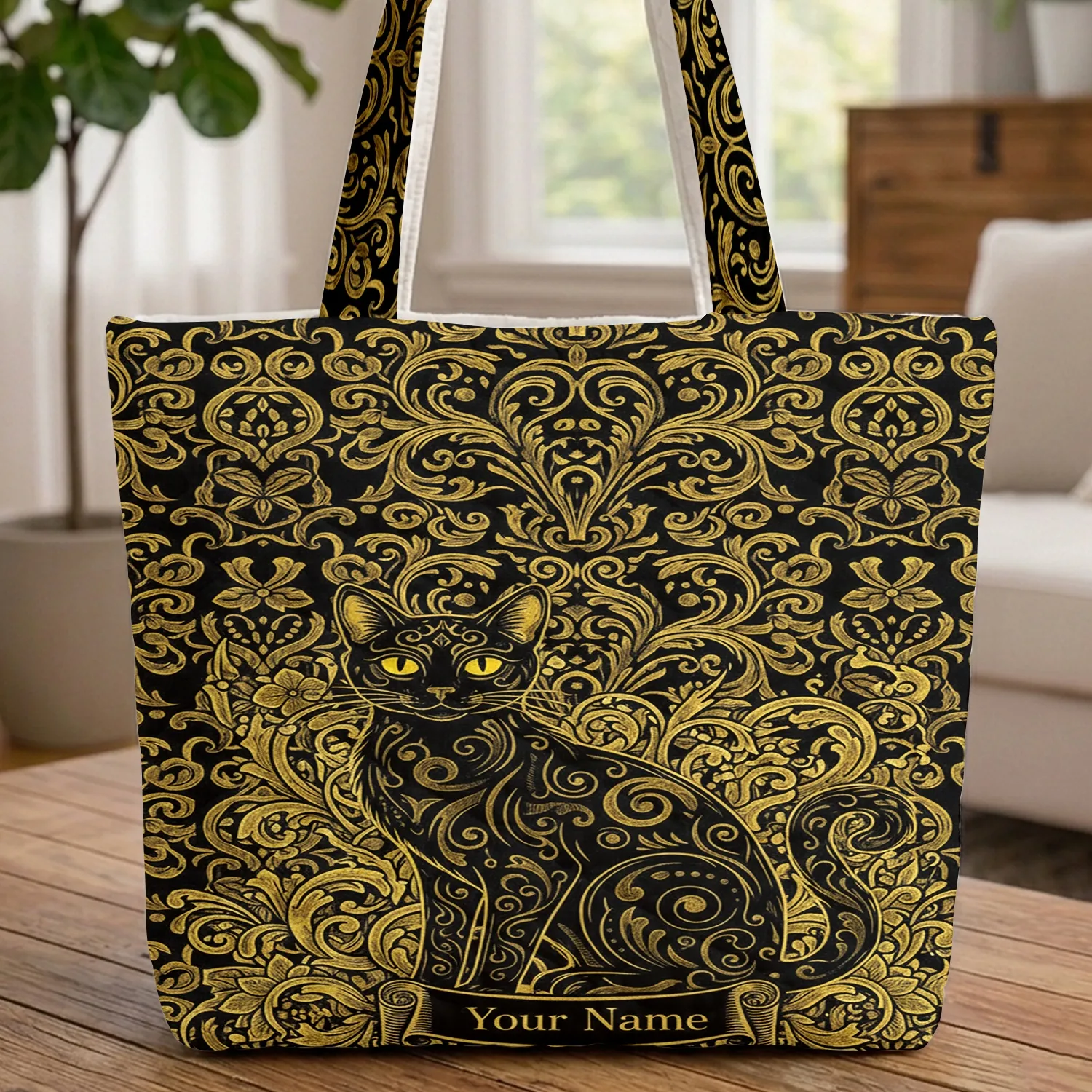 Black Cat Golden Botanical Flourish Scrolls - Everyday Use Cat Lover Gift Quilted Tote Bag - 1
