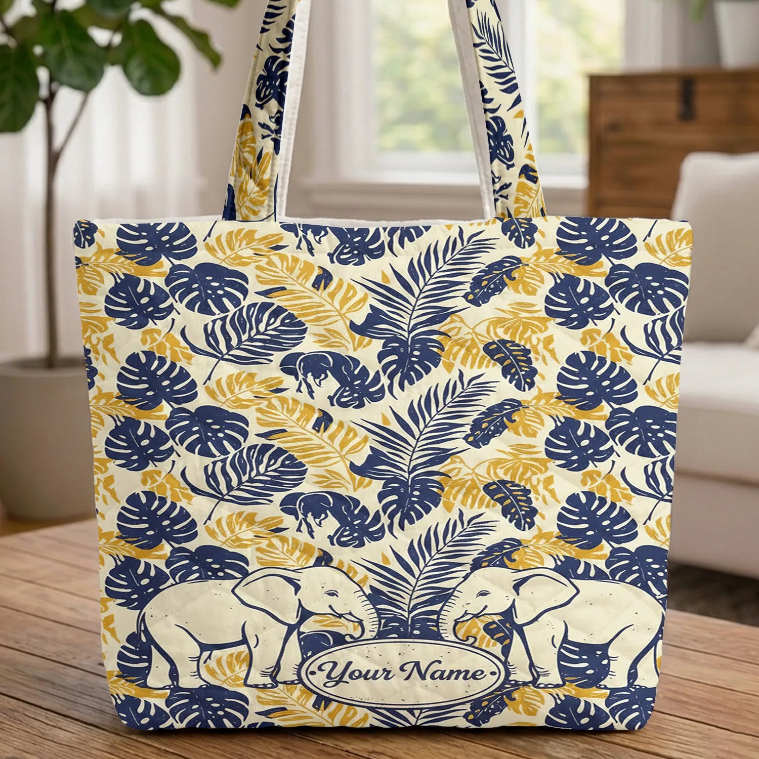 Tropical Leaves Elephants Vintage Plaque - Everyday Use Gift for Elephant Lover Quilted Tote Bag - 1