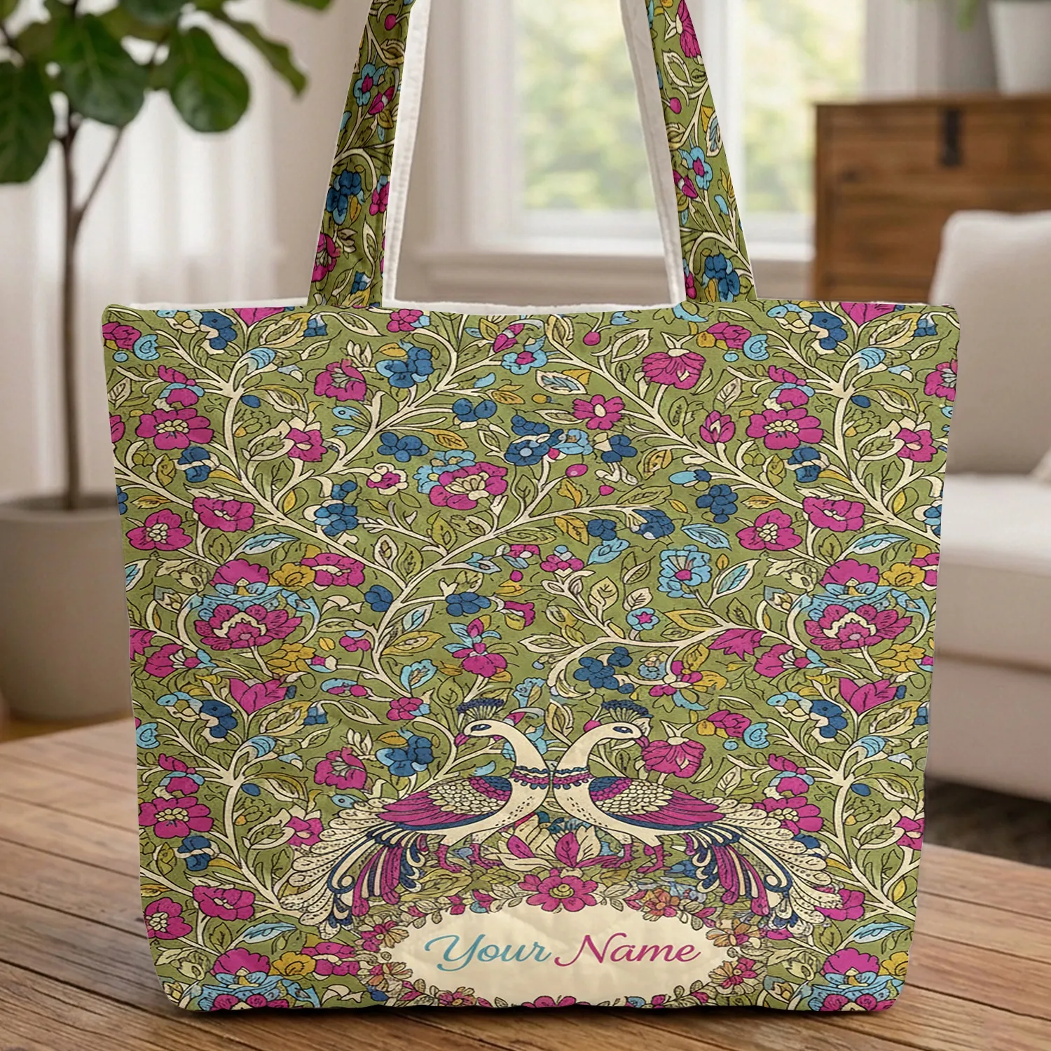 Peacocks Chintz Floral Wreath - Boho Lifestyle Gift Quilted Tote Bag - 1