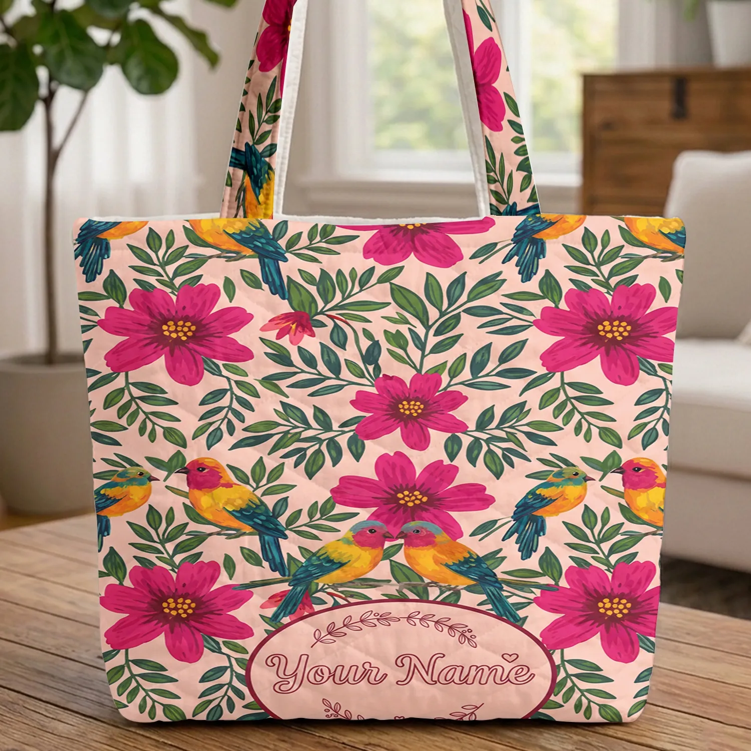 Tropical Birds Fuchsia Flowers Personalized Wreath - Bird Lover Gift Quilted Tote Bag - 1