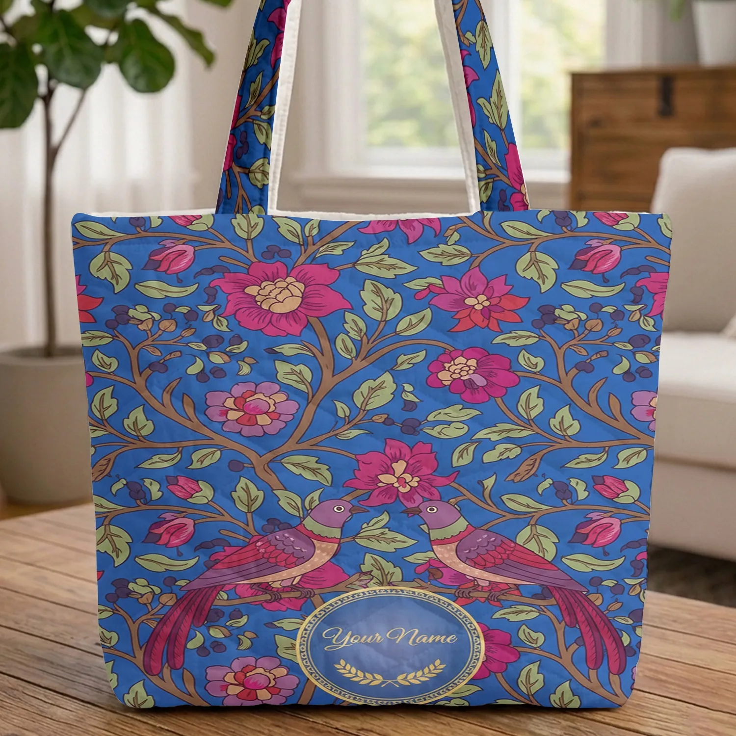 Exotic Birds Winding Branches Pink Red Purple Flowers Royal Blue - Nature Lover Gift Quilted Tote Bag - 1
