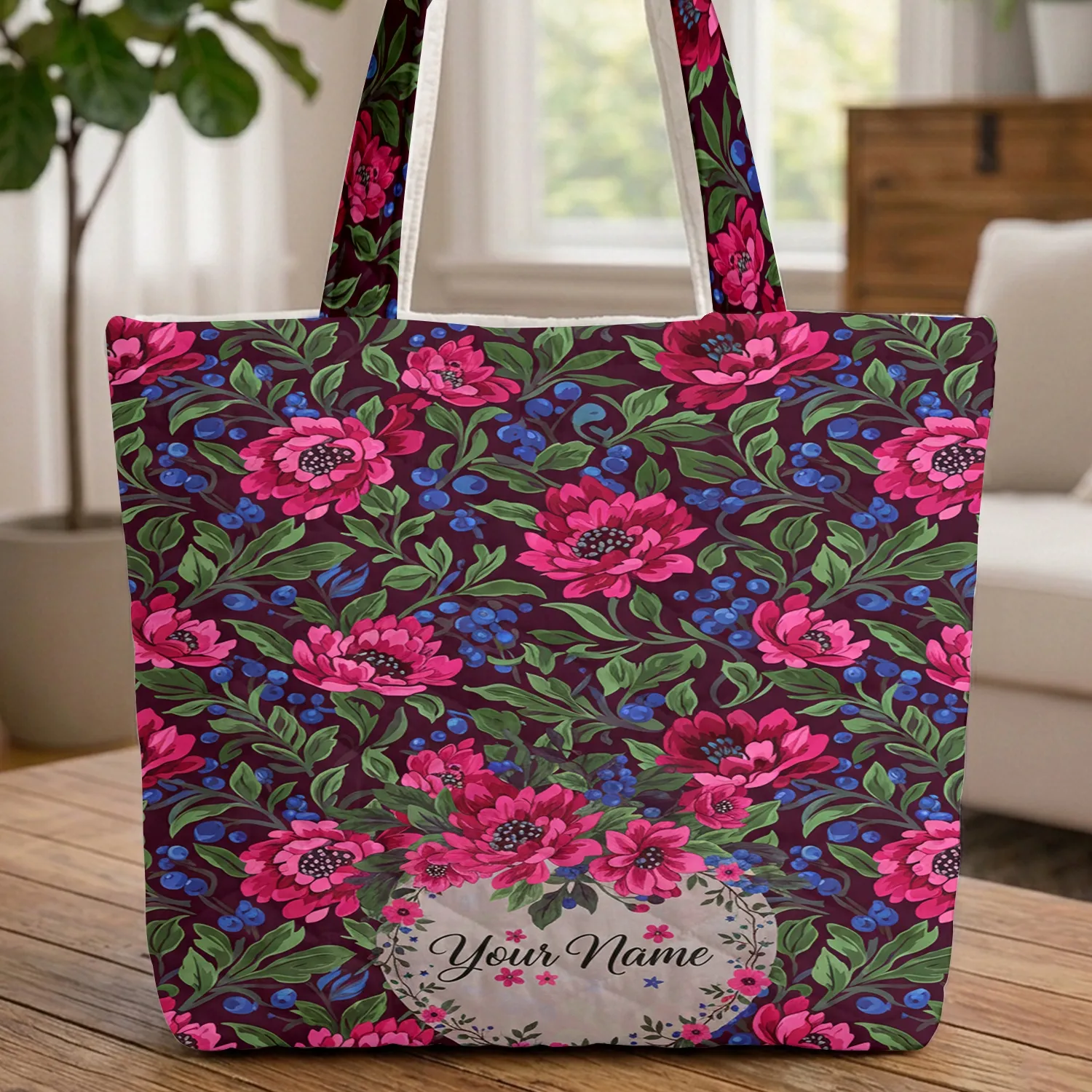 Fuchsia Magenta Botanical Floral Bouquet Personalized Name Everyday Carry Gift Quilted Tote Bag - 1