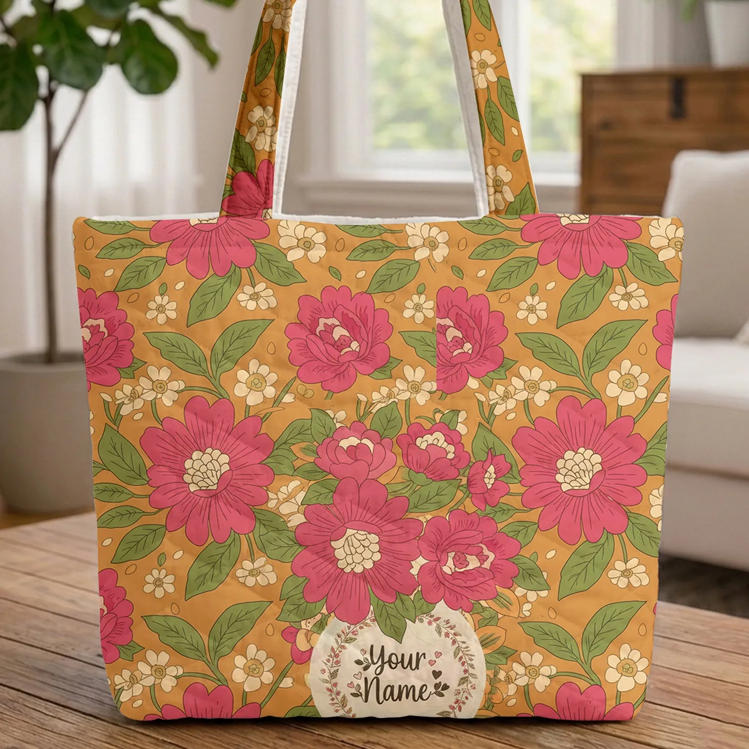 Large Pink Red Flowers Green Leaves Floral Wreath Bouquet - Boho Lifestyle Gift Quilted Tote Bag - 1