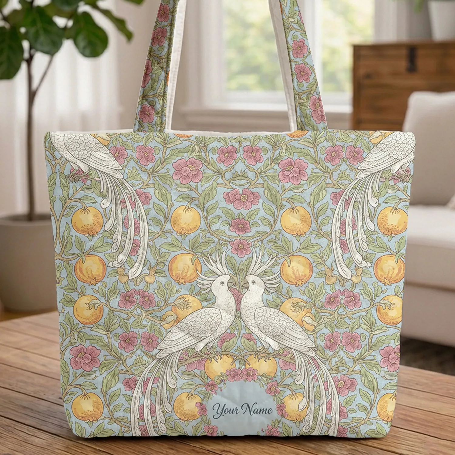 Cockatoo Birds Pomegranate Floral Wreath Personalized Home Decor Gift Quilted Tote Bag - 1