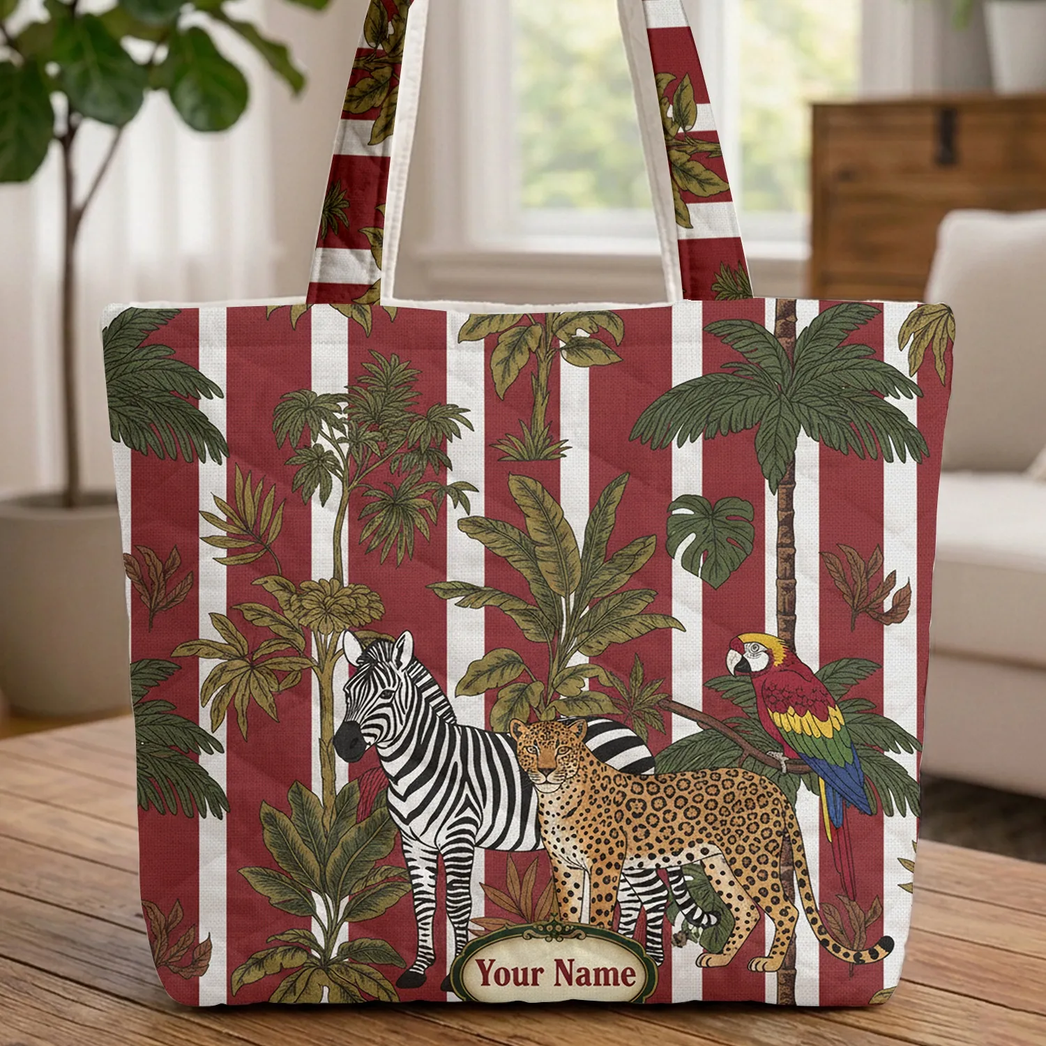Tropical Jungle Red White Stripe Zebra Leopard Parrot Name Plaque - Wildlife Lover Gift Quilted Tote Bag - 1