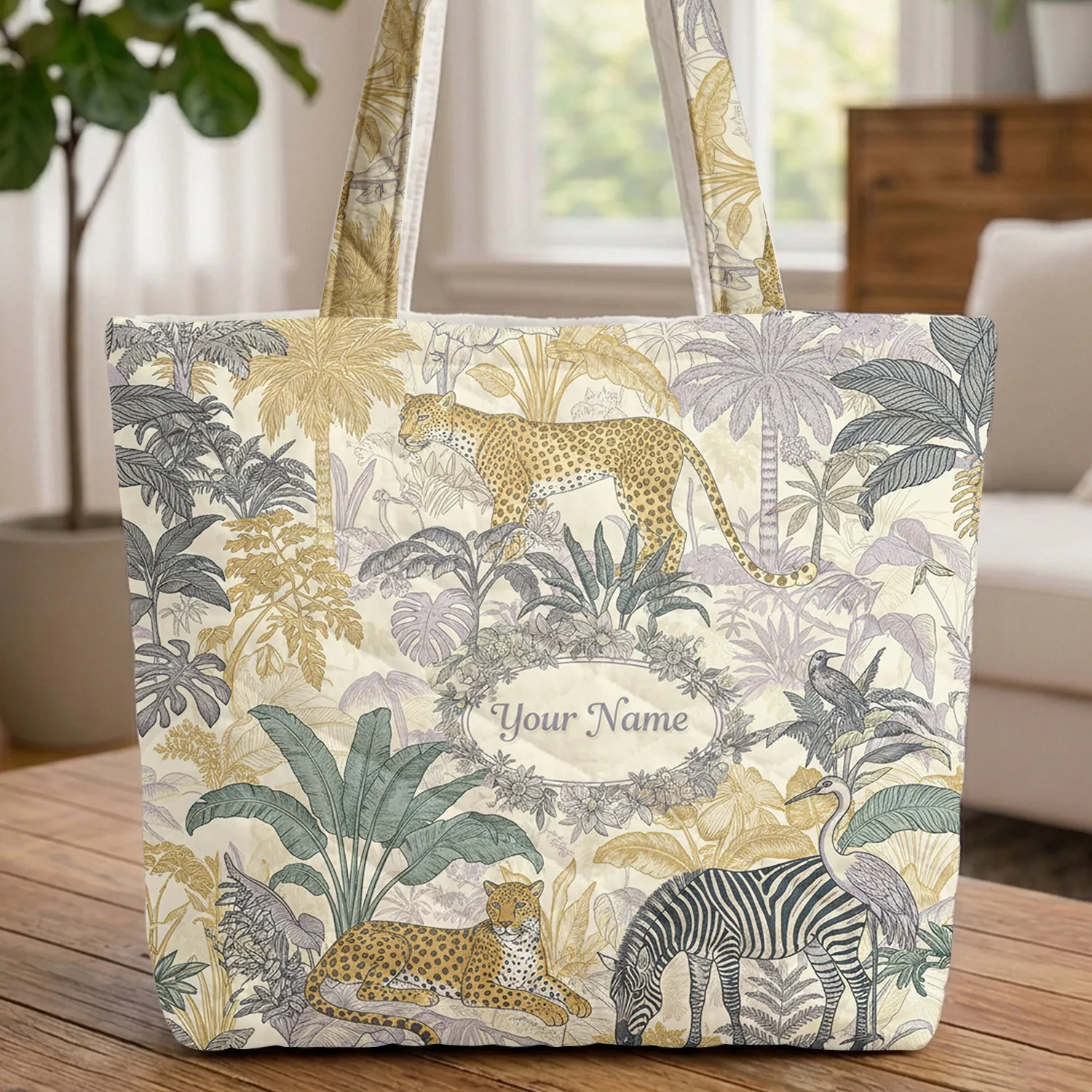 Leopard Zebra Crane Wild Animals Palm Trees Ferns Tropical Jungle - Wildlife Lover Gift Quilted Tote Bag - 1