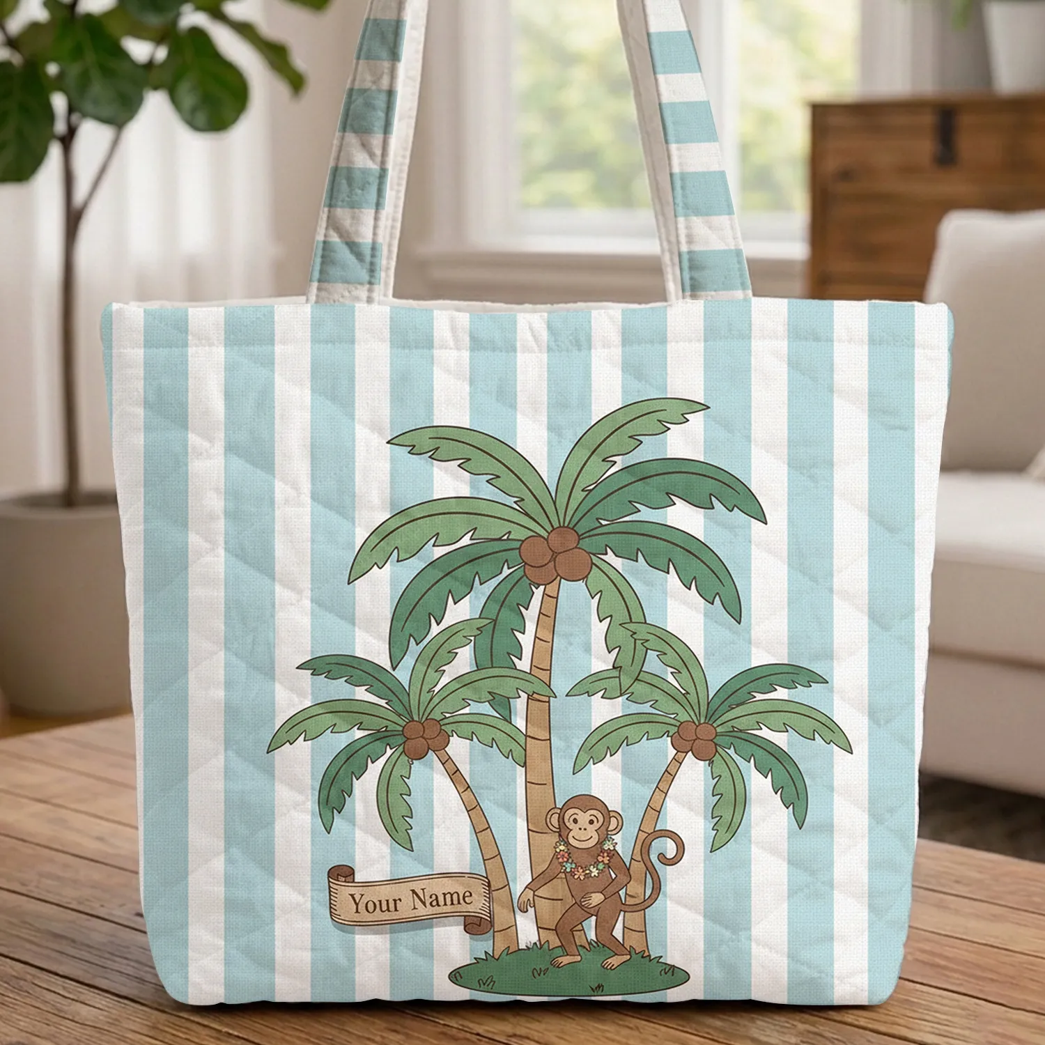 Ornate Palm Trees Striped Personalized Scroll - Tropical Travel Essentials Gift Quilted Tote Bag - 1
