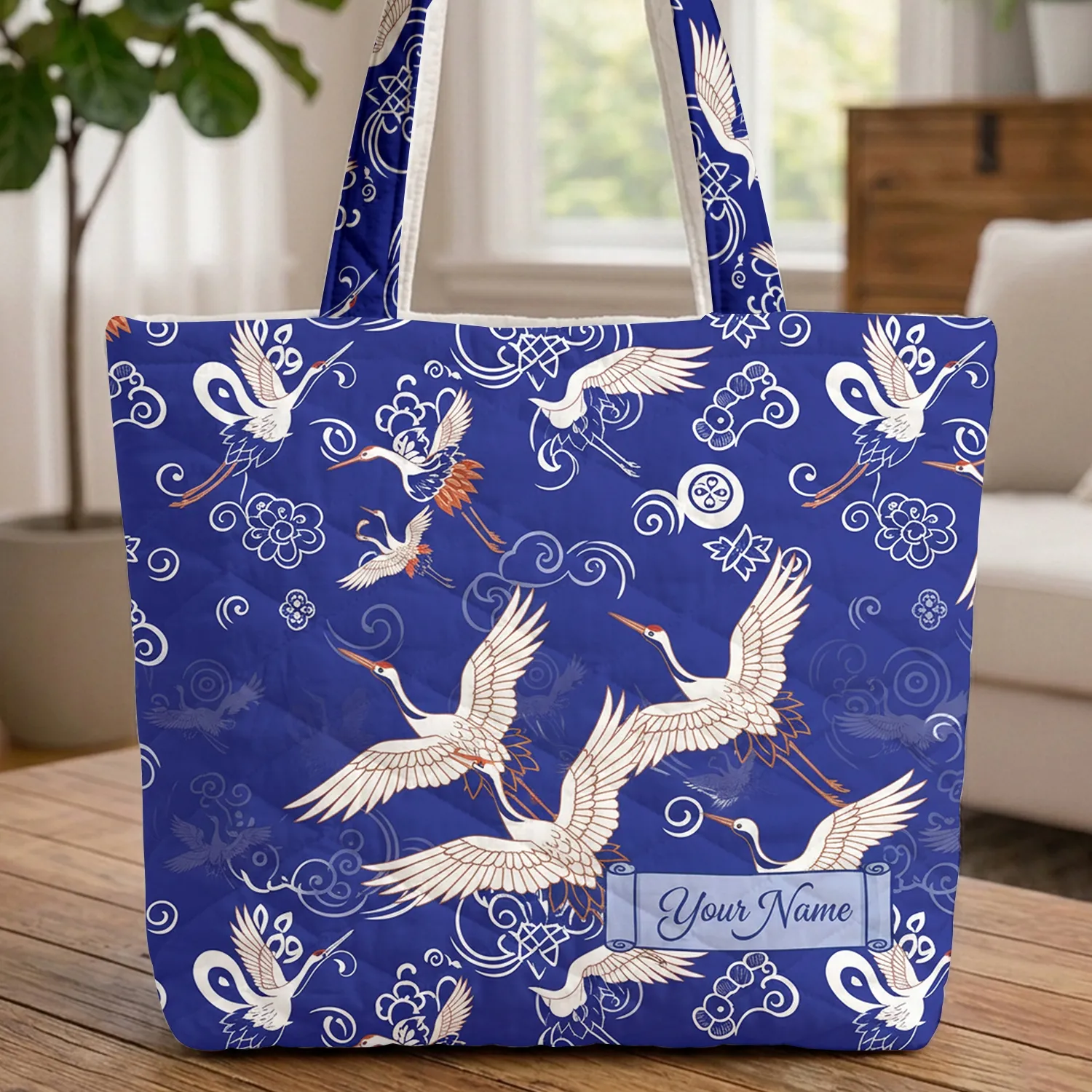 White Coppery Orange Deep Blue Japanese Flying Cranes Swirls Personalized Gift Everyday Carry Quilted Tote Bag - 1