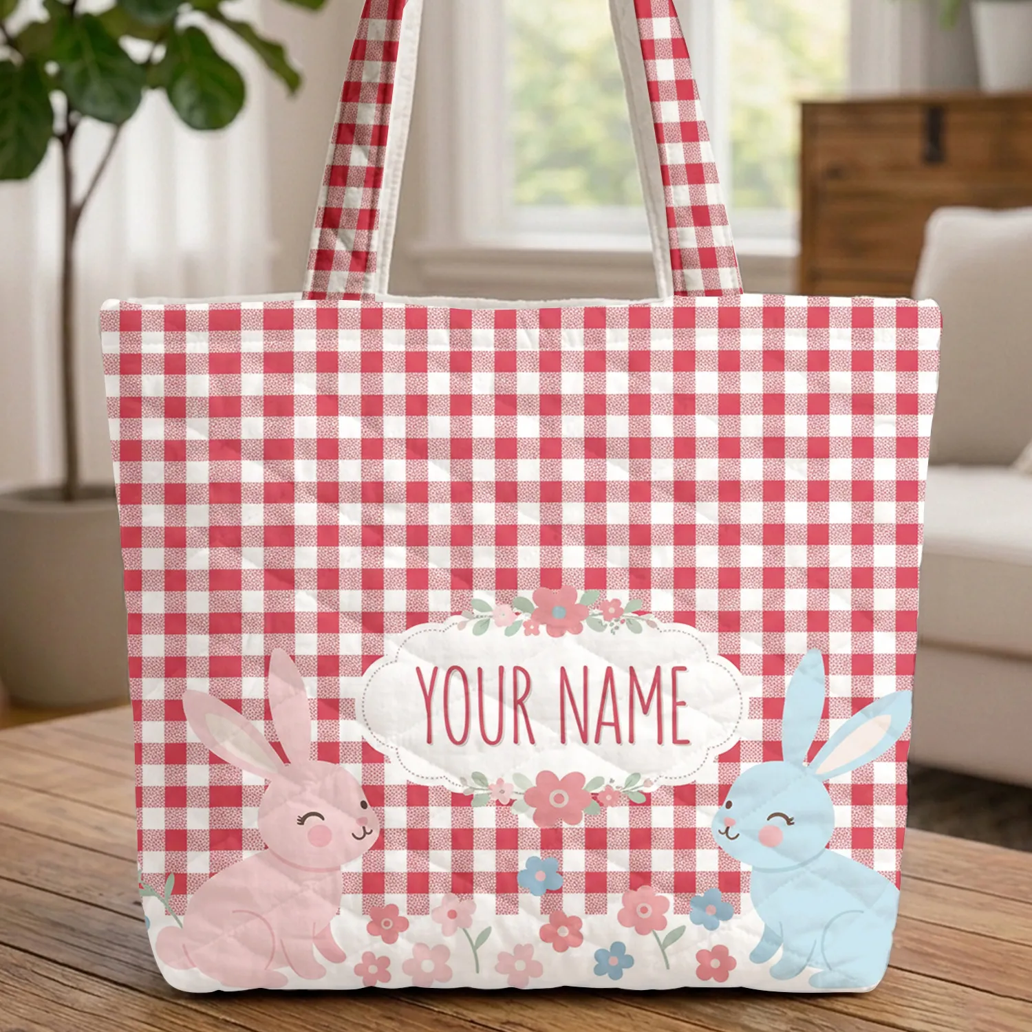 Pink Blue Bunnies Floral Wreath Gingham Check - Baby Shower Nursery Decor Gift Quilted Tote Bag - 1