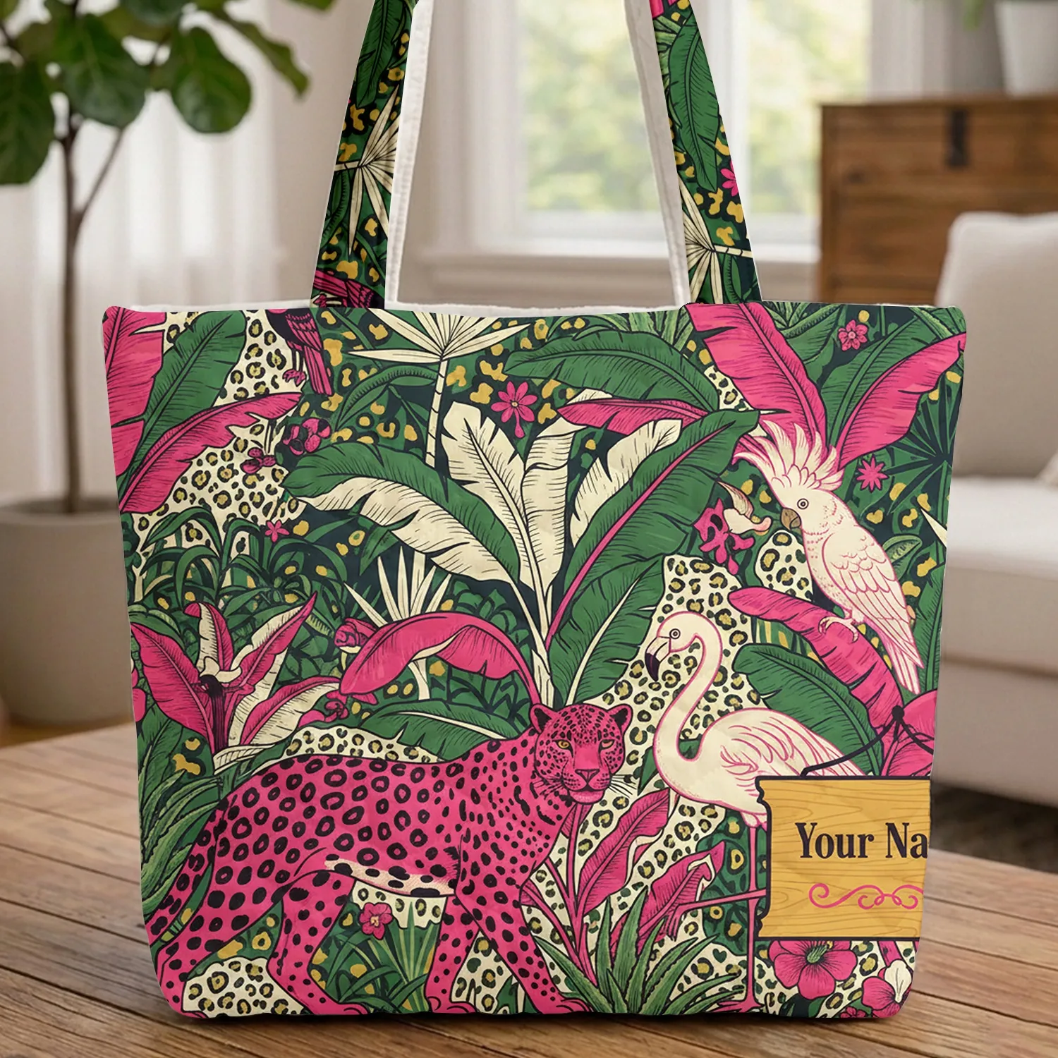 Jungle Leopard Flamingo Cockatoo Tropical Foliage - Wildlife Lover Gift Quilted Tote Bag - 1
