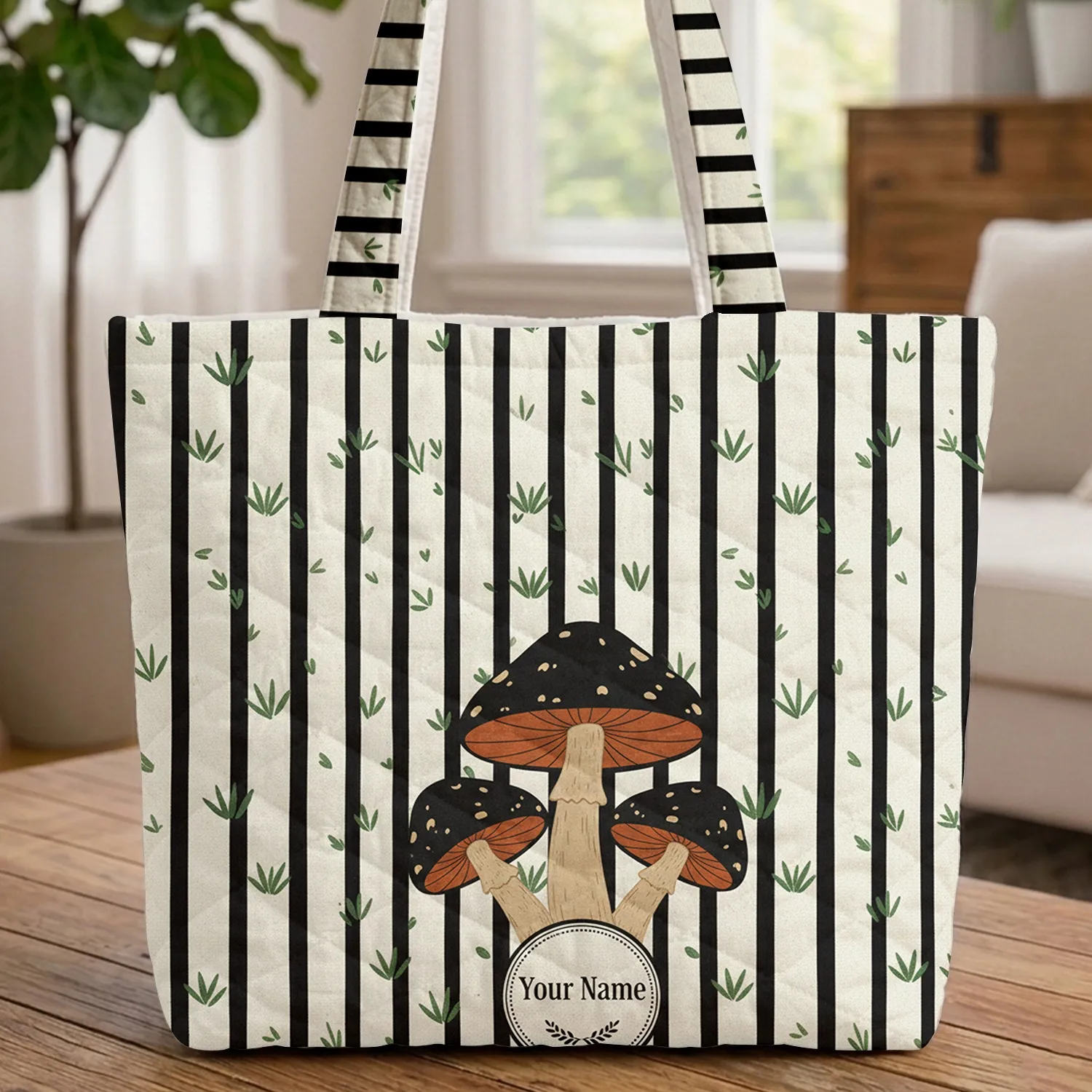Vertical Black Cream Stripe Ornate Mushrooms Your Name - Nature Lover Gift Quilted Tote Bag - 1