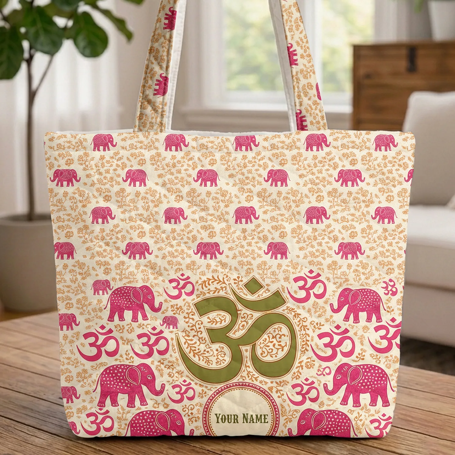 Om Symbol Dotted Elephants Floral - Yoga Meditation Everyday Gift for Yoga Lover Quilted Tote Bag - 1