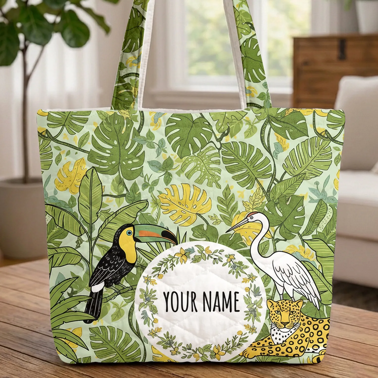 Toucan Wading Bird Leopard Floral Wreath - Wildlife Lover Gift Quilted Tote Bag - 1