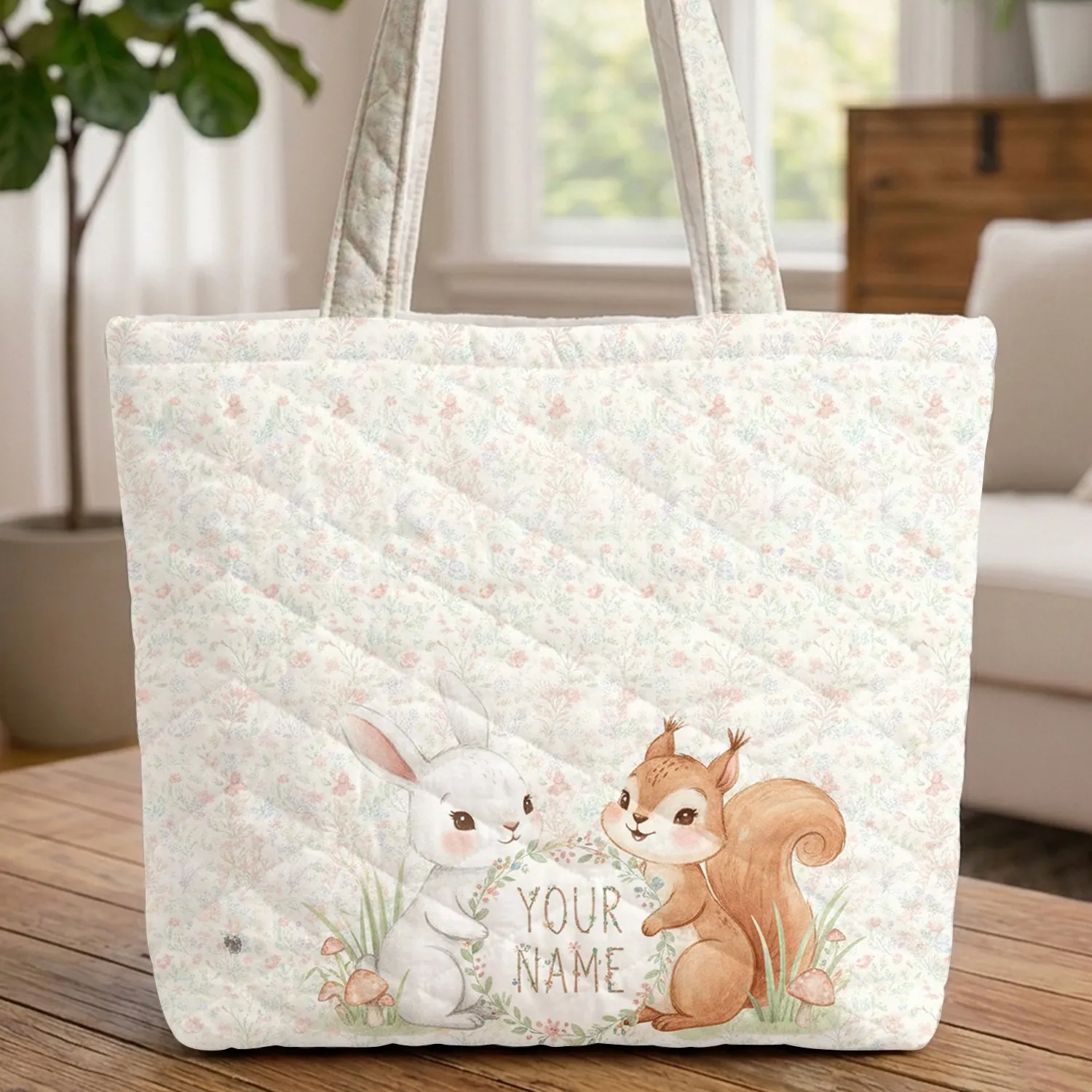 White Bunny Squirrel Wildflowers Floral Wreath Name Text New Baby Gift Quilted Tote Bag - 1