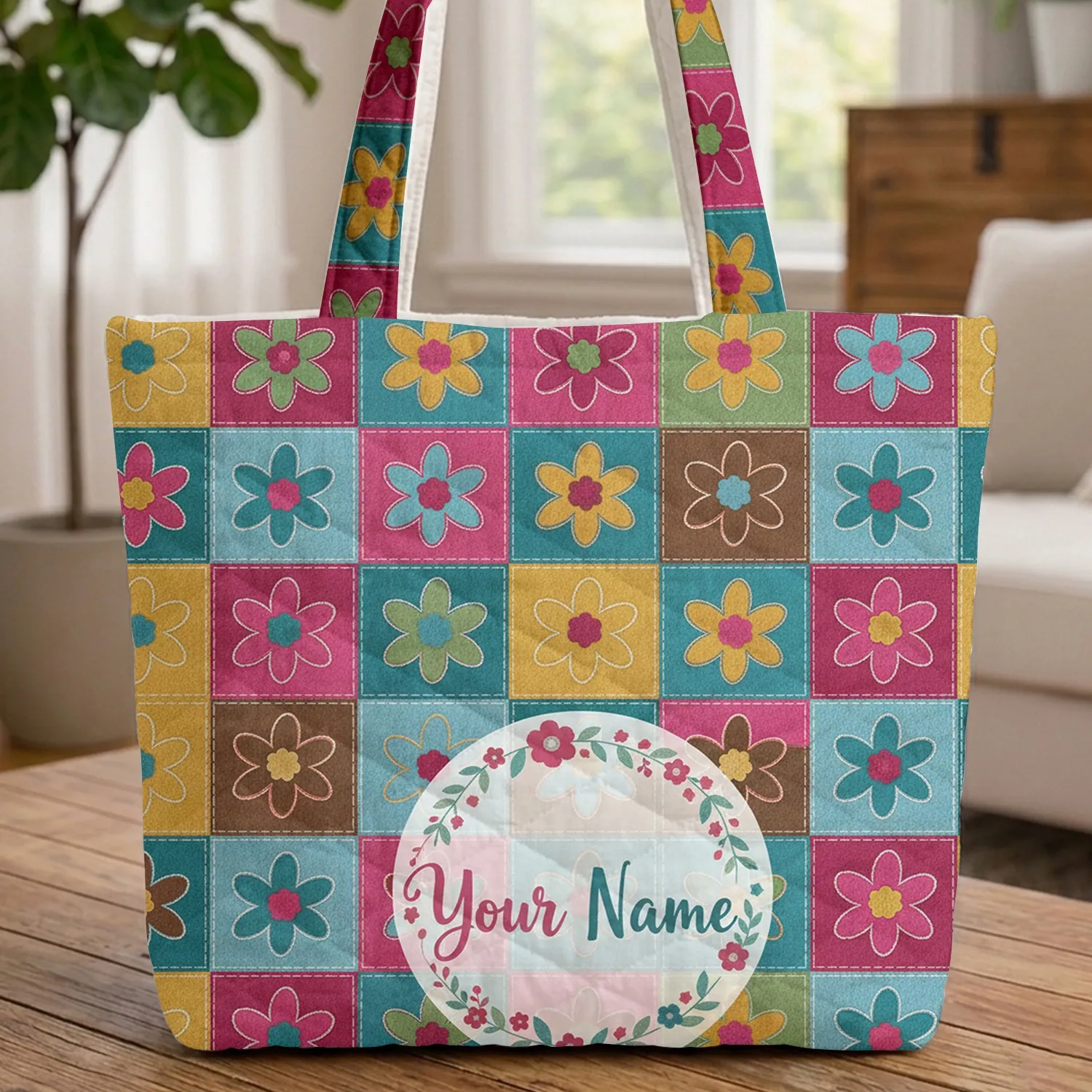 Patchwork Felt Applique Flowers Floral Wreath - Craft Lover Gift Quilted Tote Bag - 1