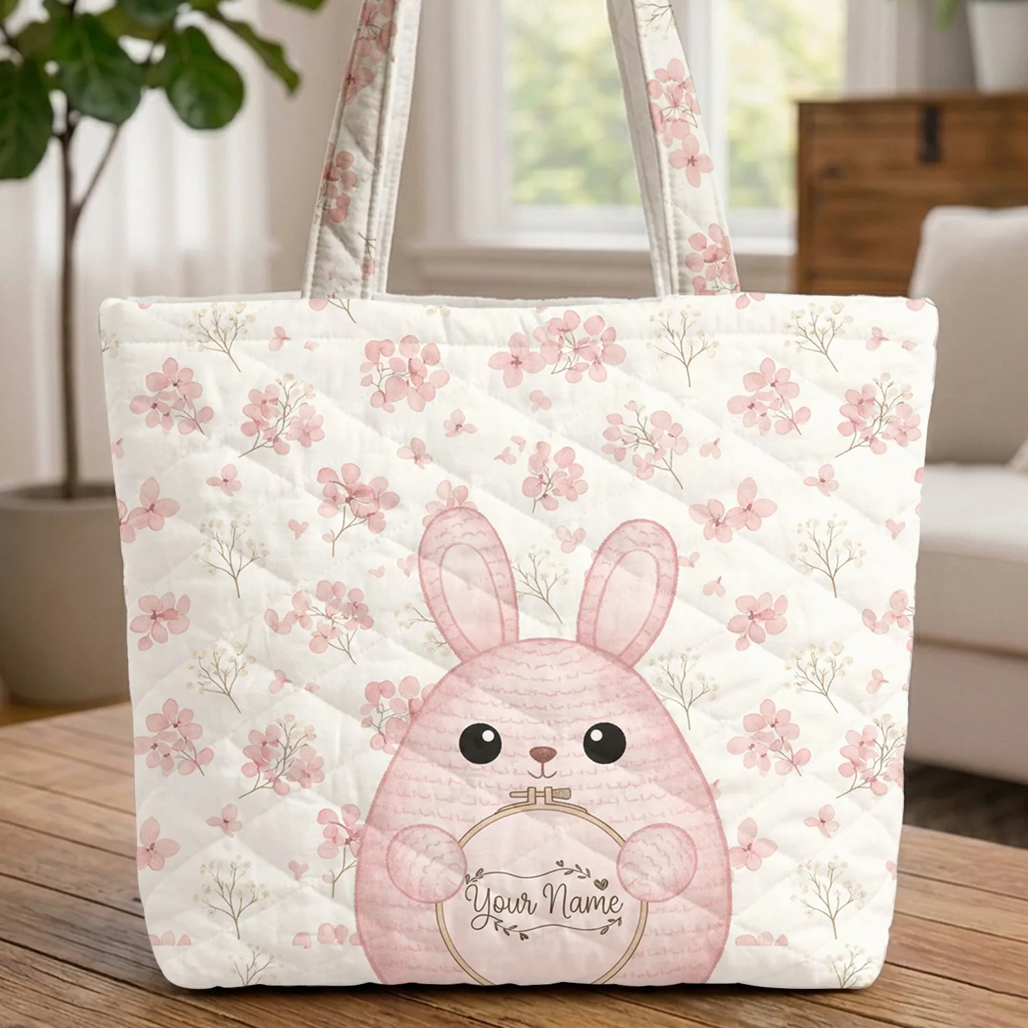 Plump Pink Bunny Hydrangea Baby's Breath - Home Decor Gift for Kids Quilted Tote Bag - 1