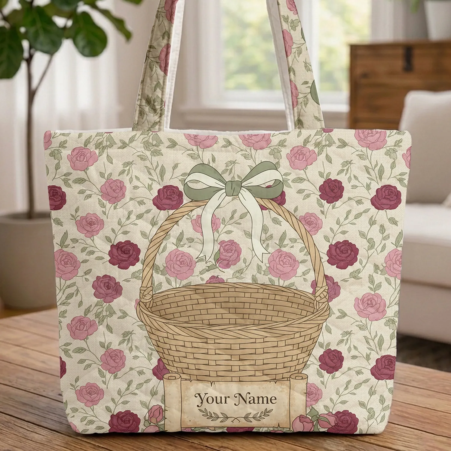 Rose Blossoms Green Leaves Rattan Basket Sage Ribbon Personalized Name Scroll - Everyday Tote Gift for Her Quilted Tote Bag - 1